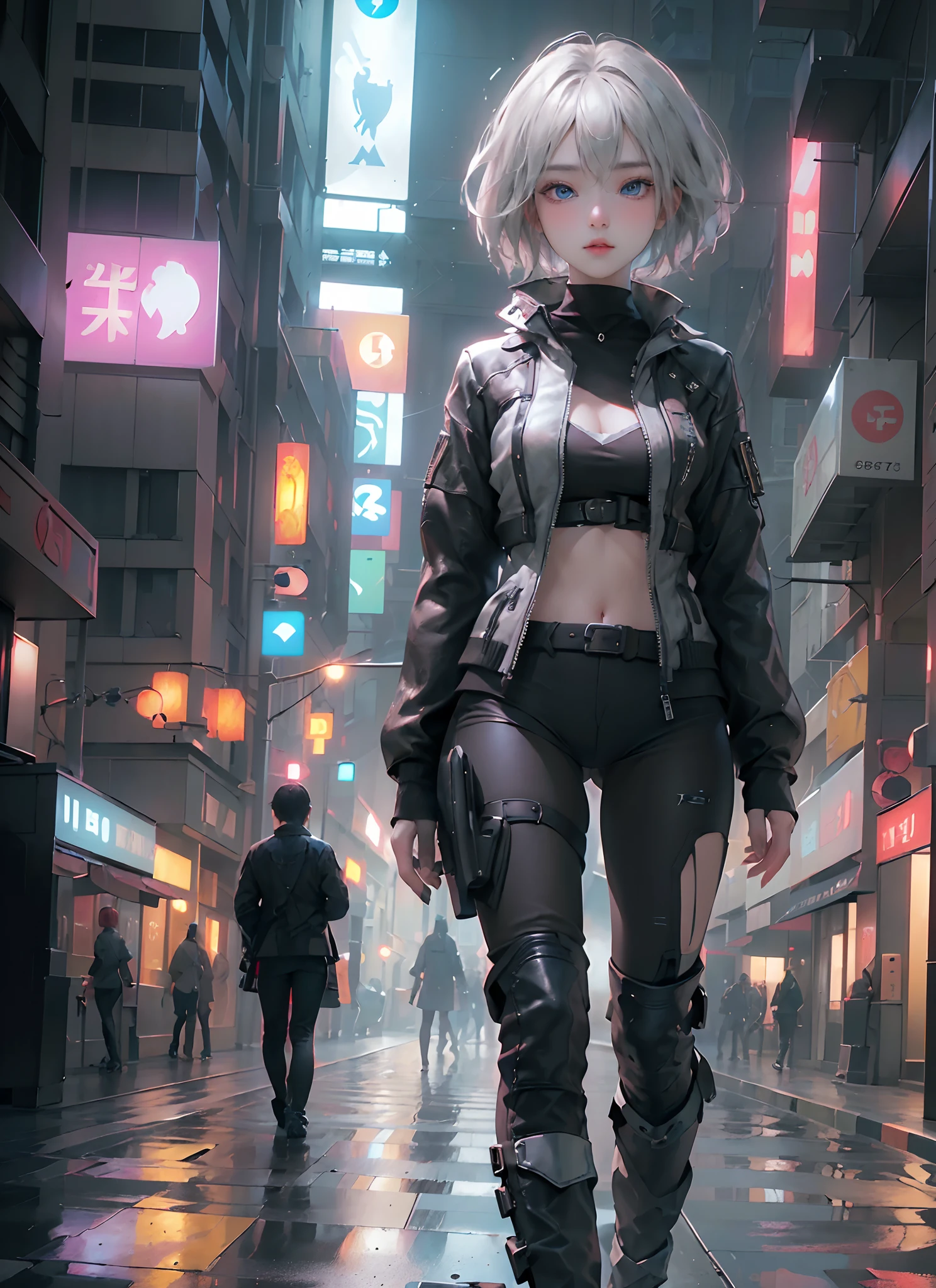 ((top-quality)), (((masterpiece)), (detaileds: 1.4), 3D, Beautiful Cyberpunk Woman Image, bob cuts, Broken black tights, leather clothes, Electromechanical, nffsw(HighDynamicRange), Ray traching, NVIDIA RTX, Hyper-Resolution, Unreal 5, Sub-surface scattering, PBR Texture, Postprocess, Anisotropy Filtering, depth of fields, Maximum sharpness and acutance, Multilayer Texture, Albedo and Highlight Maps, Surface Coloring, Accurate simulation of light-material interactions, perfectly proportions、octane renderings、two tone lighting、Large aperture、Low ISO、White Balance、thirds rule、8K Raw、masterpiece、top-quality、(8k extremely detailed CG unit wallpaper)(top-quality)、(The best illustrations)、(Best Shadows), innocent blue eyes, short hair, big titt