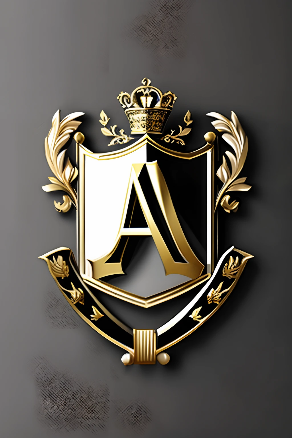 Coat of arms with Greek letter alpha in the shape of A with crown above in imperial luxury gold