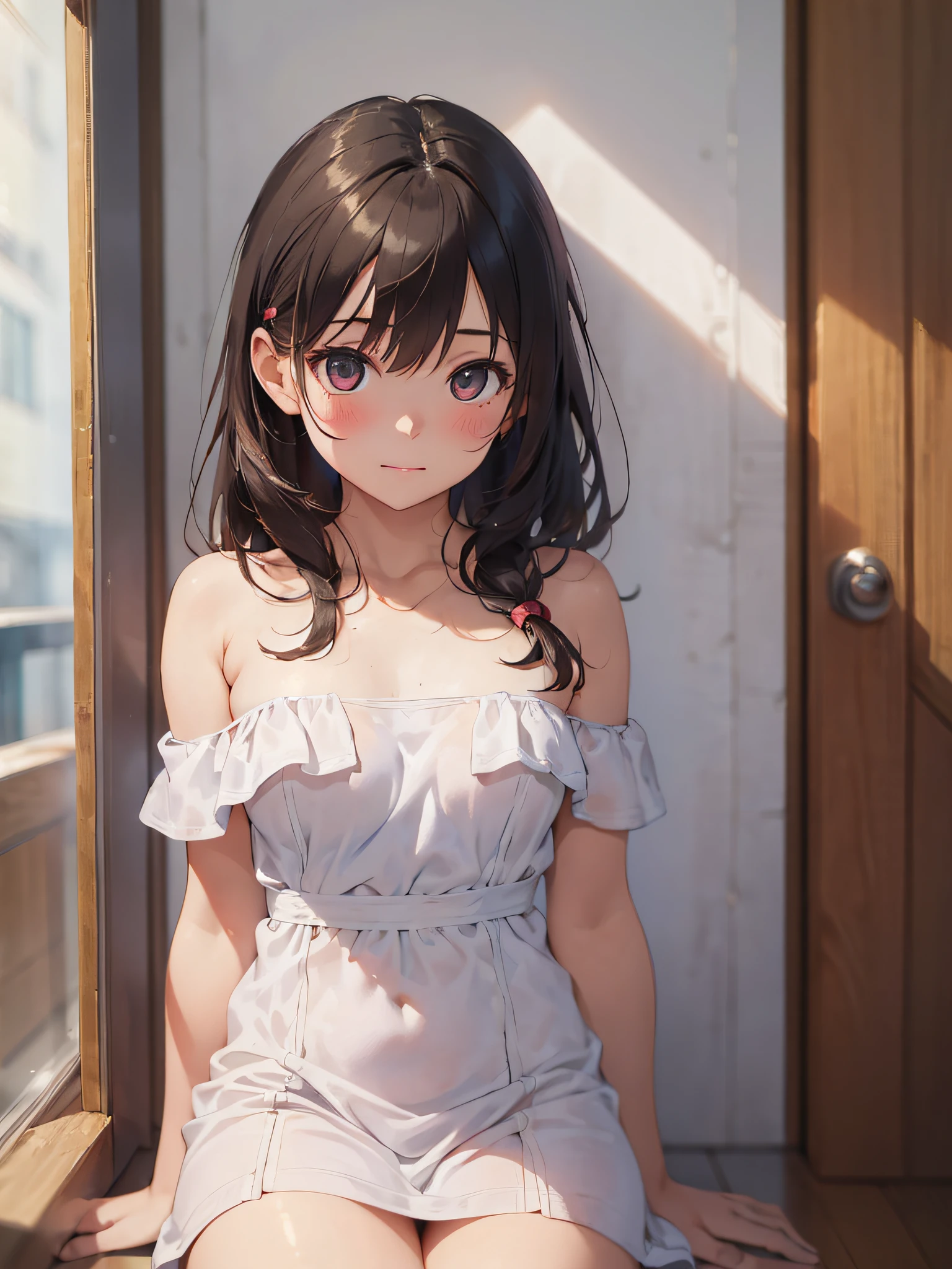 (​masterpiece:2.0), (top-quality:2.0), (white Tube top extremely short length dress made by towel:1.5), (perfect exposed shoulders:1.5), (perfect exposed nape:1.5), (super sexypose:1.5), (blushed face:1.3), (barechested:1.3), (realistic:1.5), 1  girl, precise small hands, Embarrassed look, light smile, extremely cute girl, innocent face, young face, Clear eyes, Shining eyes, shoulder is visible, small breast, thigh is visible, No pubic hair, The beautiful skin, ultra-definition, Top resolution, japan high school student, brown hair