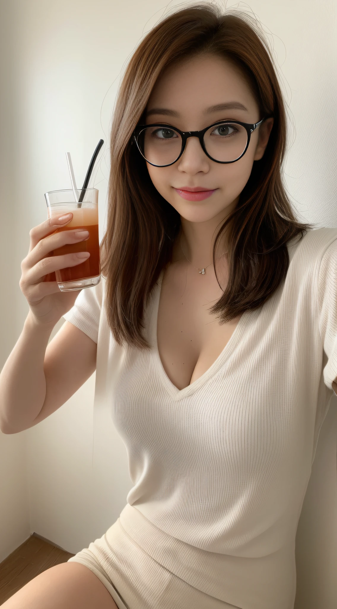 ((Day, Best Quality, 8K, Realistic)), Half body: 1.1, Soft lighting: 1.2, Slender abs: 1.2, ((Long windy dark brown hair: 1.2, Medium Breasts: 1.2)), (White tight tshirt: 1.2, Tight pants: 1.1, Black fashion dark smoke glasses: 1.1, Sitting: 1.2), (Indoor, Holding a plastic drink, White wall background: 1.1, Day light view), Highly detailed face and skin texture, detailed eyes, double eyelids, exposed cleavage, half body selfie camera view, seductive smile, biting lips, lip bite, (Tilt face looking at the camera: 1.1, Camera flash, Holding the camera, Selfie: 1.2)