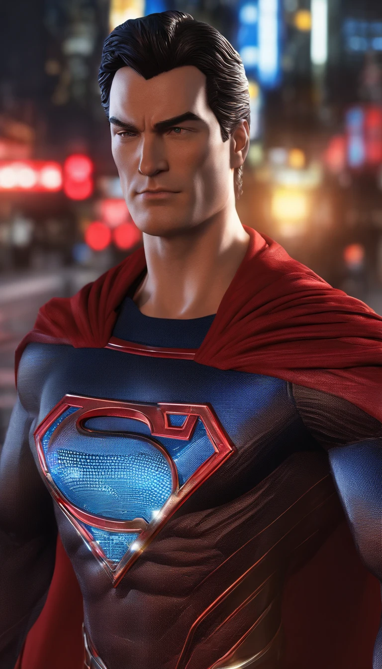 Superman Max Details by Ridley Scott, The face has the most detail, In black suit , The symbol for the red S, The detailed hand , perfect anatomia , On the streets of Tokyo at night , neonlight, during night