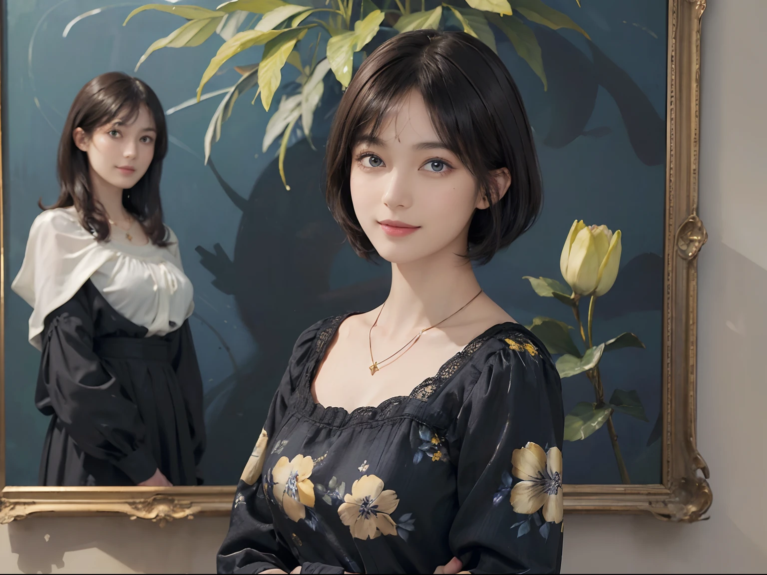 (((Black Shorthair))), (Louvre Museum), Pose Seductive, (A hyper-realistic), (Illustration), (Increased resolution), (8KUHD), (Extremely detailed), (Best Illustration), (Beautiful and detailed eyes), (Best Quality), (ultra-detailliert), (masutepiece ), ( Wallpaper), (Detailed face), Solo, (One woman dressed in blue and yellow), (Floral clothing),  (Breast bulge), Fine details, Detailed face, Deep Shadows, lowkey, pureerosfaceace_v1, Smiling,  46 point slanted bangs,  (Stand in front of an abstract painting), Wearing a necklace