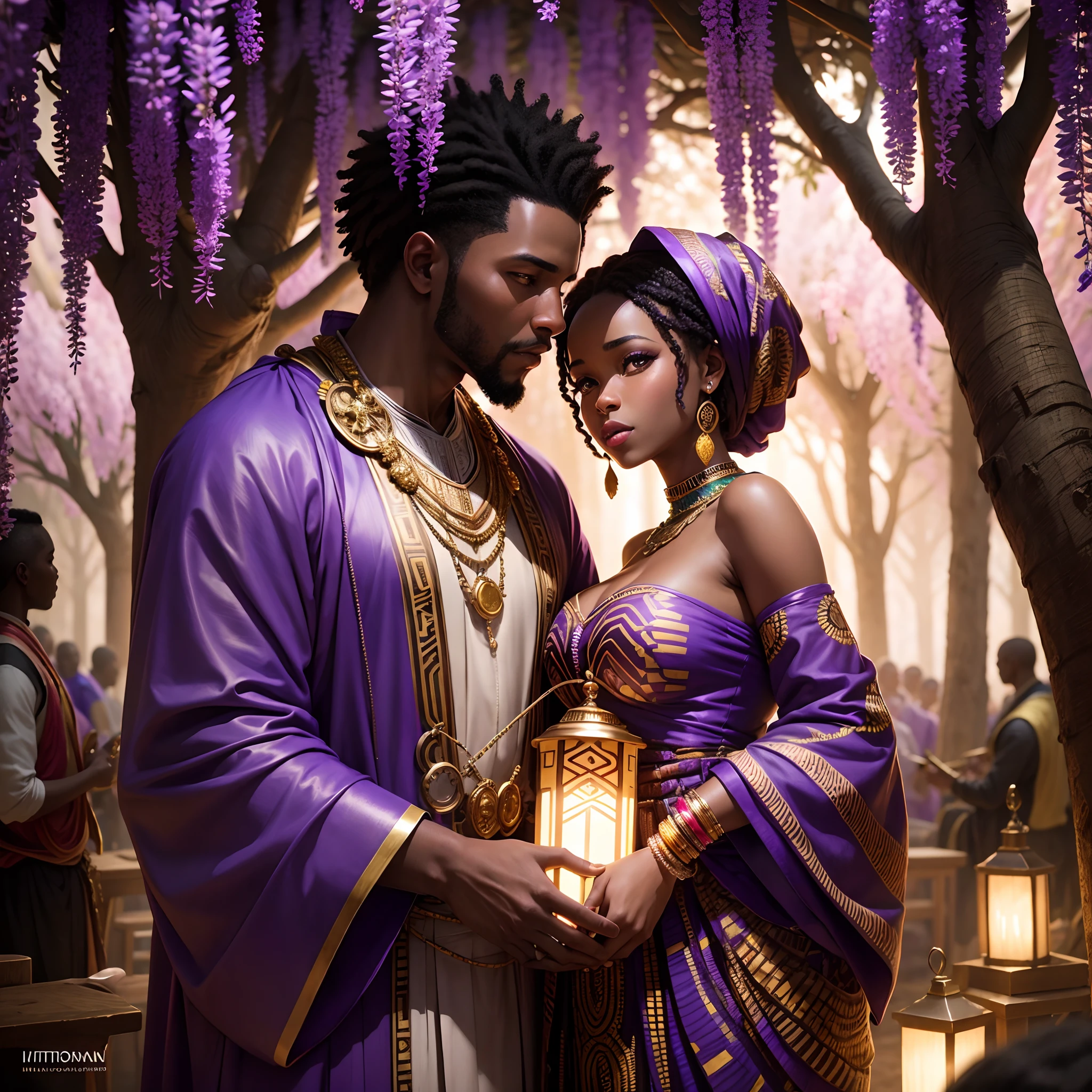 Traditional African marriage of a black man and black woman both wearing African traditional clothes, in a forest of glowing wisteria trees, full of coloured African designed instruments, with a celebrating congregation in the environment, whole scene in African designed colours, dark scene with light from glowing wisteria trees reflecting on the African instruments, shining a bright and vibrant light, with iridescent light, photorealistic image, 32k, ultra HD, cinematic lighting, artgerm style
