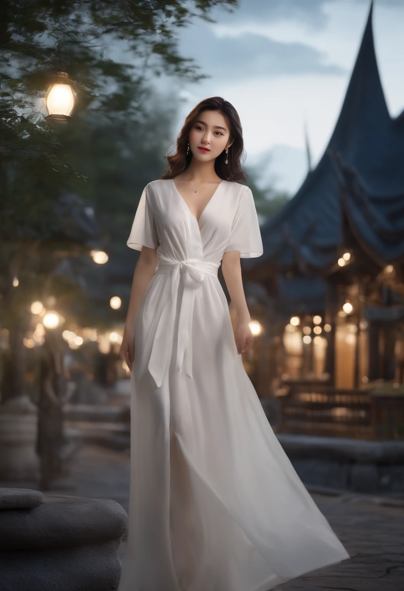 high-level image quality8In K、Realistic lighting and powerful works(masterpiece:1.3)Let's build。A beautiful and charming girl、dark brown hair(Clear Focus:1.2)and white dress(robe blanche:1.4)Wearing、Beautiful slim abs(Slim abs:1.1)Having、Super fine face and fine eyes(Fine Eyes、二重まぶた)It features。She in the city at night in the park with a glass of juice(outside of house、natta:1.1、City Street)It is depicted walking。This work is、Centered on her long skirt fluttering in the wind、Produced to the highest quality。Color is natural.、Expressed in a well-lit environment、Realistic lighting effects are added。Lights envelop the cityscape、The beauty of the girl floating in the dark stands out。This work is、It will be a stylish piece with the perfect combination of beauty and naturalness.。