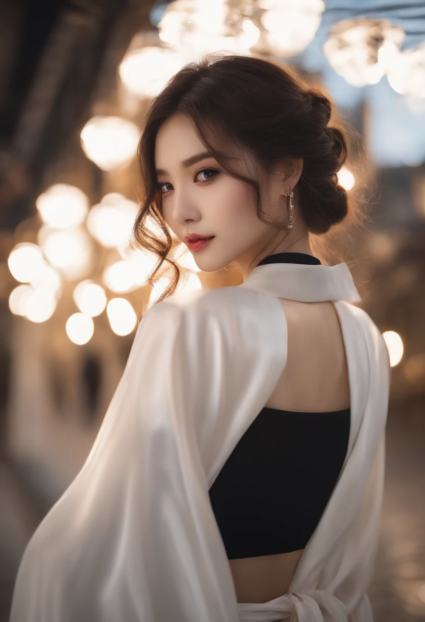 high-level image quality８In K、Realistic lighting and powerful works(​masterpiece:1.3)Let's build。A beautiful and charming girl、dark brown  hair(Clear Focus:1.2)and white dress(robe blanche:1.4)Wearing、Beautiful slim abs(Slim abs:1.1)Having、Super fine face and fine eyes(Fine Eyes、二重まぶた)It features。She in the city at night in the park with a glass of juice(outside of house、natta:1.1、City Street)It is depicted walking。This work is、Centered on her long skirt fluttering in the wind、Produced to the highest quality。Color is natural.、Expressed in a well-lit environment、Realistic lighting effects are added。Lights envelop the cityscape、The beauty of the girl floating in the dark stands out。This work is、It will be a stylish piece with the perfect combination of beauty and naturalness.。