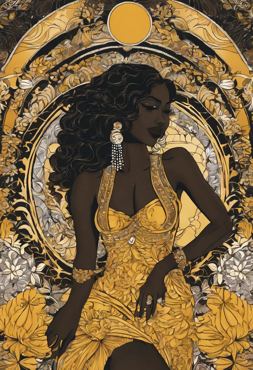 (((mulher negra))), Yoruba, divindade, deusa das aguas doces, oxum,cores saturadas em tons de amarelo, acessorios de metal dourado, linda,ade intricado,   abstract art, estilo de Rebecca Guay,Arte Fractal,colorido,
 estilo-swirlmagic, (master part, best quality, alta qualidade, Altas, ultra-detalhado),