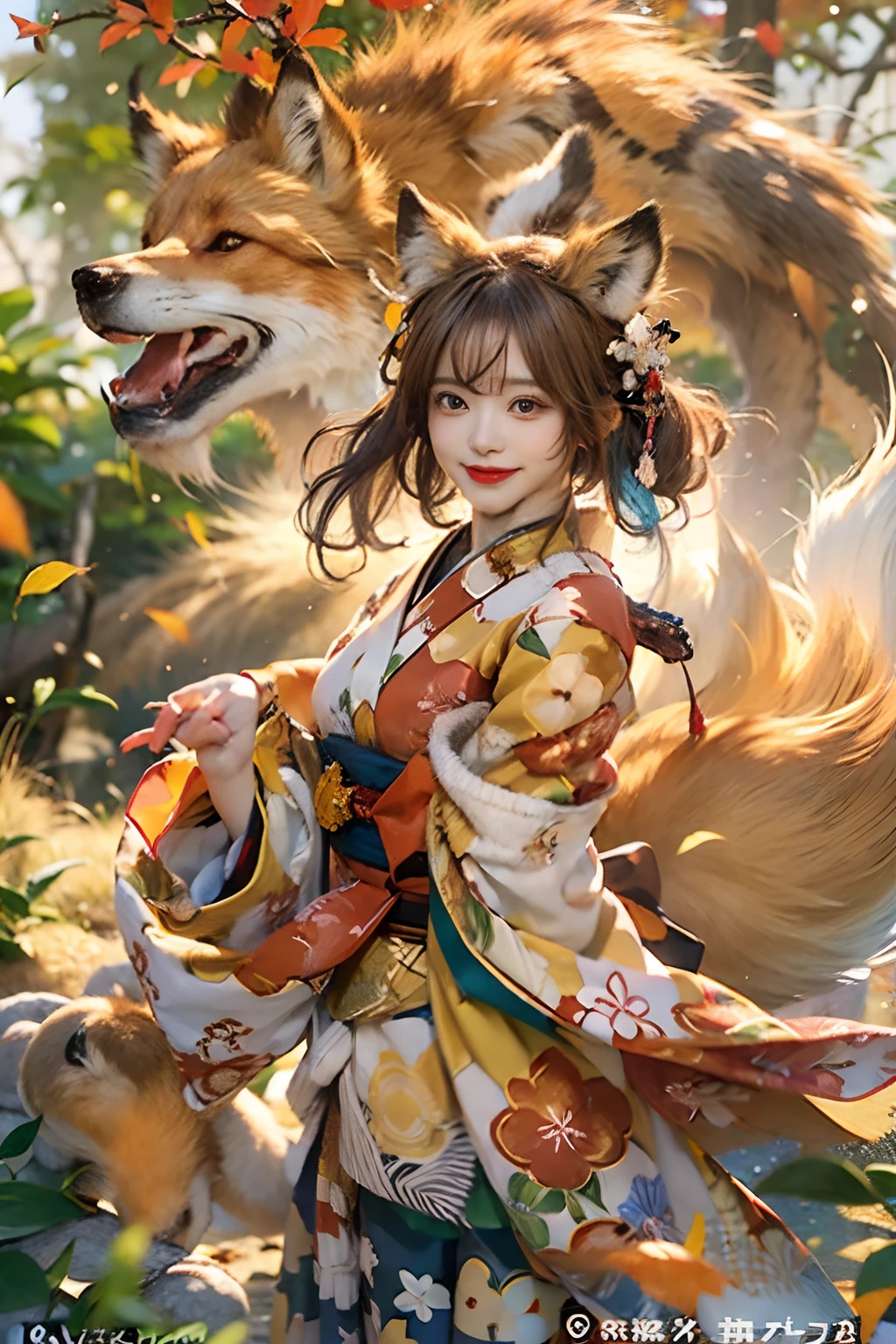 Two-shot photo of a girl and a fox,(Fantasia,Kitsune Yokai Four-Tailed Heavenly Fox,),(Smiling Girl and Fox Youkai: The Tale of the Four-Tailed Heavenly Fox),
(Smiling happy girl bent over deep in the forest and looking up,Fox Yokai Two-shot of a fox protecting a girl's back Poster of the four-tailed heavenly fox),
(natural soft light.)(Sunlight,),(Sunlight,),(Professional Lighting.),
(glossy light brown and orange two-tone color,,,Wave Shortcut Hair,disheveled hair,),japanese kimono,Geta,Cute round face red lipstick,A cute smile that makes the viewer happy,
autumn forest,Strong wind soaring over dead leaves
Digital Illustration,
(Photorealsitic:1.3),(Raw photo.),
(masutepiece,top-quality,Ultra-high resolution output image,)
(The 8k quality,),(Image Mode Ultra HD,),(Image Mode Ultra HD,),(Sea Art 2.1:1.3,),Japan Anime Fantasy,