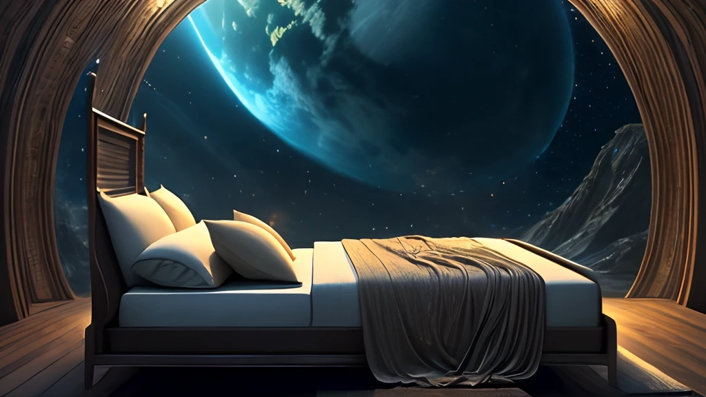 A conventional bed in a fantastic world with beautiful alien nature, en el cielo se ven varias lunas, estrellas y galaxias, la imagen inspira paz y alegria