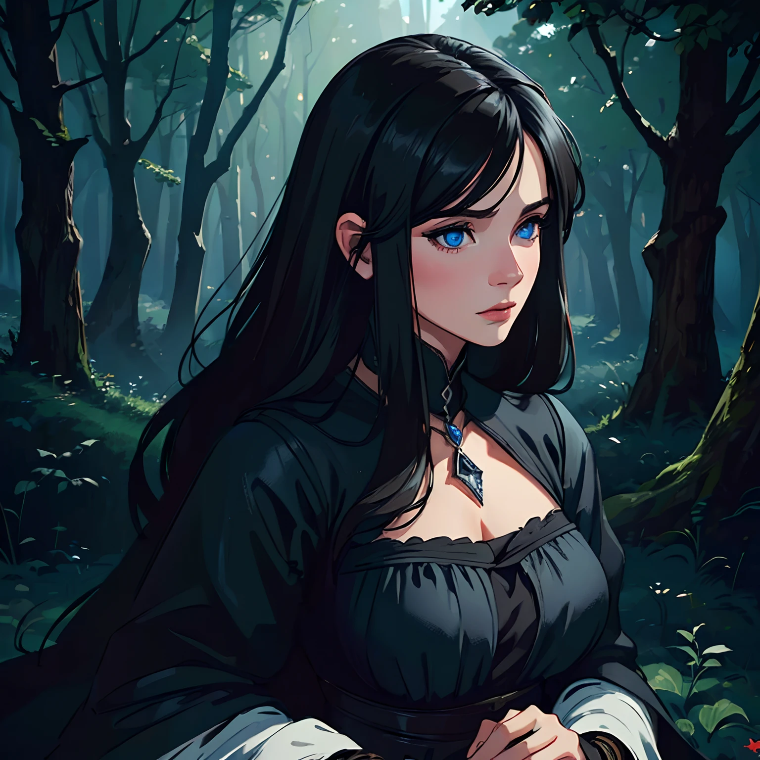 (best quality,ultra-detailed,realistic:1.37),a beautiful woman with black hair,medieval black clothes,in a dark forest,blue eyes
