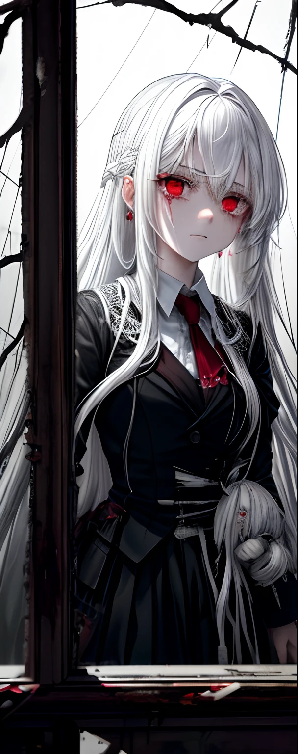 1girll, White hair, Red eyes, (teens girl_Shot:1.2), Face focus, Long hair, side locks,Collapsed crying,Extreme panic,After being violated ,Scared,(terrified:1.1) expression, holding teddy bear, Atmospheric lighting, Moody, Darkness, In an abandoned old museum, Clear glass display case full of interesting items, Dusty, Post-apocalypse, spiderwebs, masterful, Beautiful 8k wallpaper, Extremely detailed, Intricate,Wear a black and white suit,Broken clothes,Bleeding in the lower body