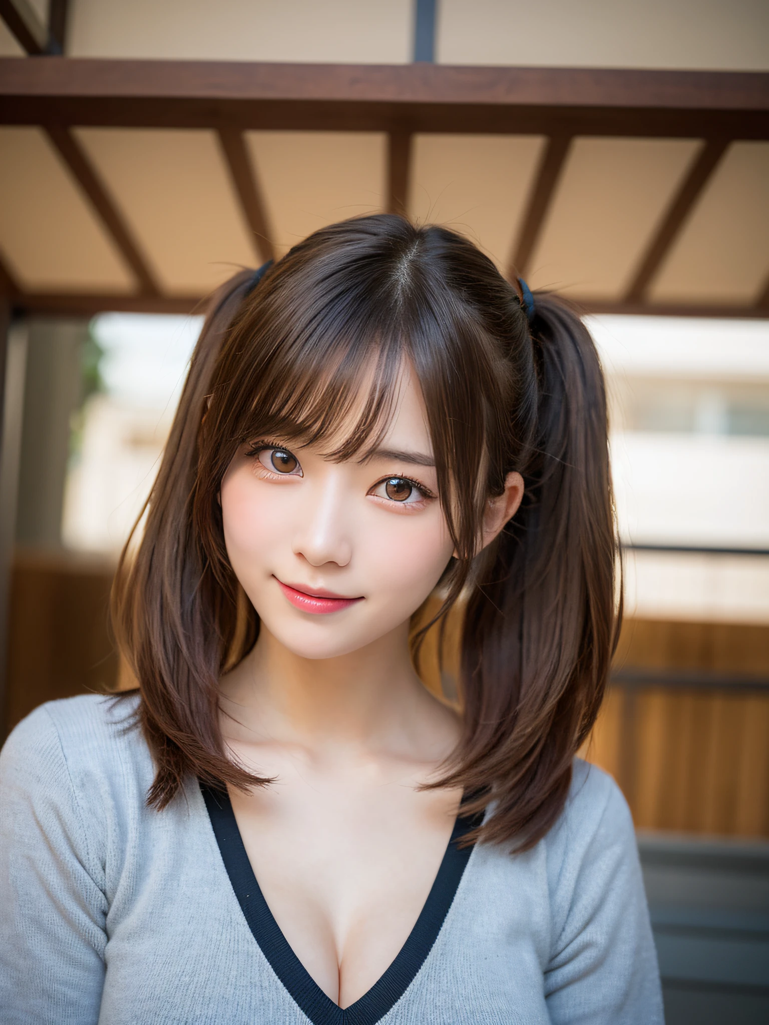 masutepiece, Best Quality, twintails hair, Ultra-detailed, finely detail, hight resolution, 8K, Perfect dynamic composition,Japan 18-year-old woman、 Beautiful detailed eyes, twin-tail hair, Medium short hair, Natural Color Lip,Colossal tits、Troubled smile、bangss、Looking here、up of face、