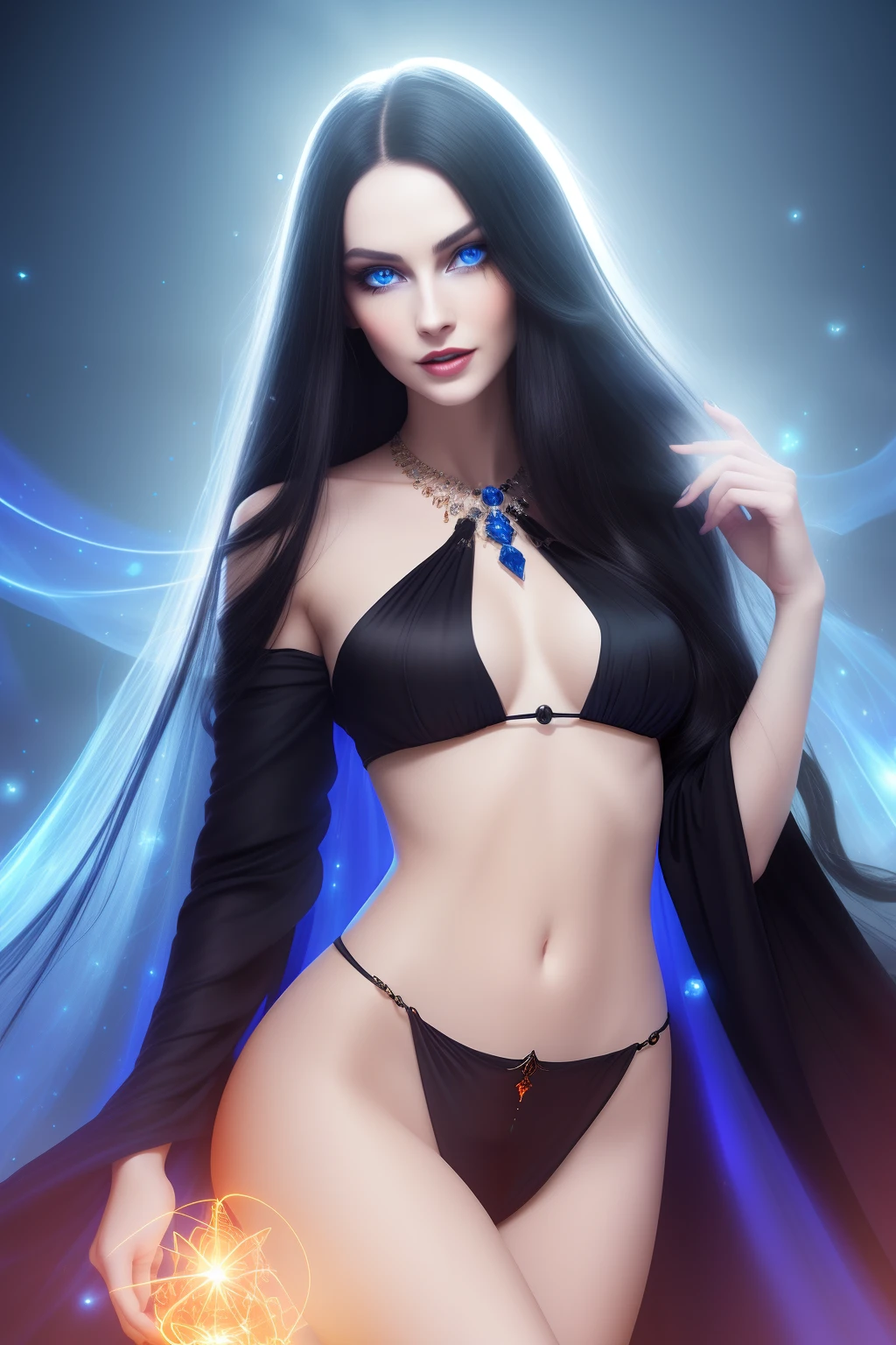 Sexy beautiful woman with a perfectly proportioned face, realistic facial expression, long black hair, light blue eyes, pale skin, wearing a orange black robe with intricate decorations, witch, confident expression (dynamic Angle, dazzling blue eyes, delicate necklace, charming smile), (magic mystical background, fireflies, glowing blue particles, ethereal fog, faint darkness), high saturation, movie light, edge light, best shadow