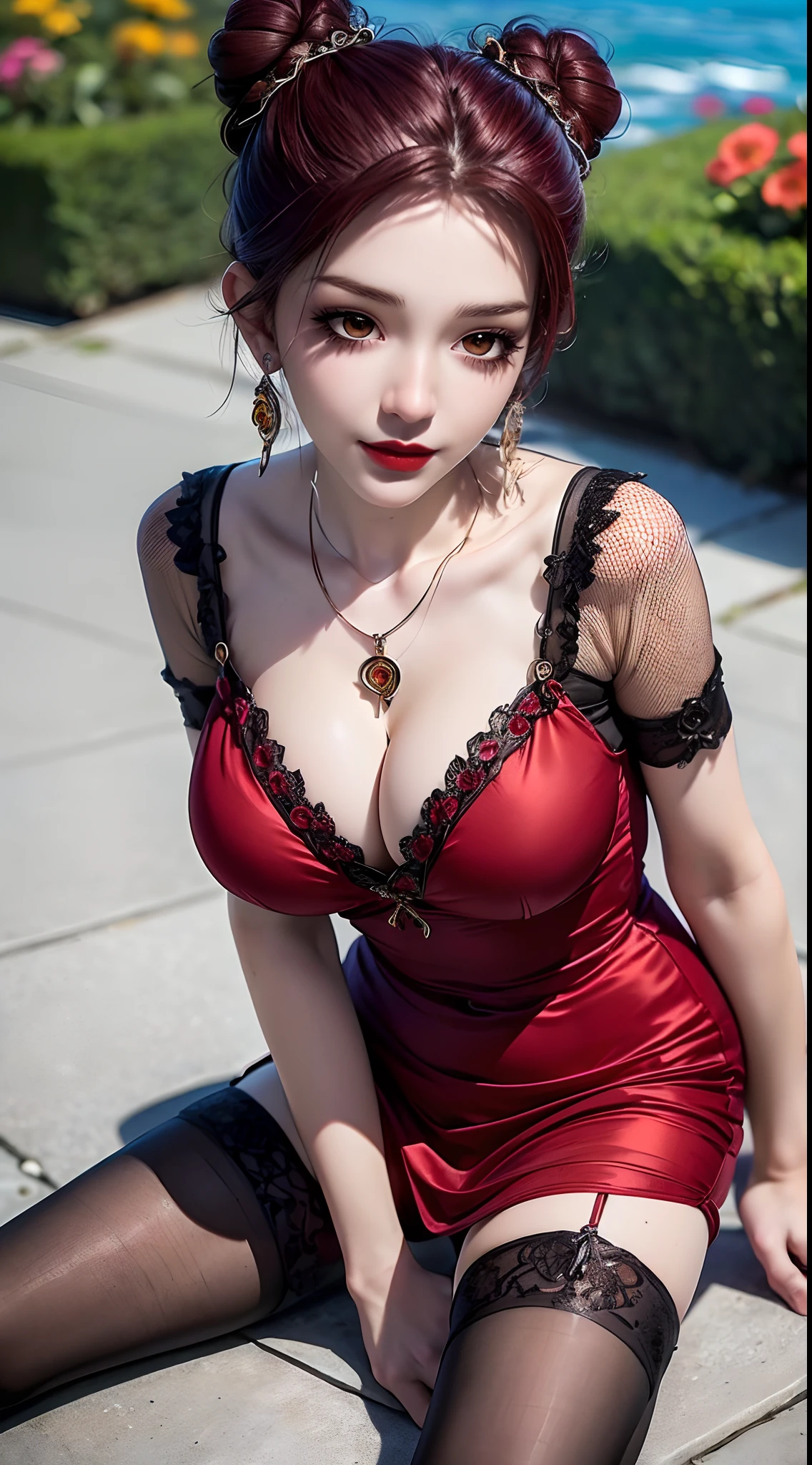 1 beautiful and y 20 year old girl, ((wearing a discreet short black dress with black and red lace trim:1.6)), (((Very beautiful and sharp patterns on the shirt:1.6))), ((Red brown hair:1.6)), ((hair bun on both sides:1.6)), elaborate jewelry made from stones noble and beautiful hair, ((wearing a black lace necklace:1.4))), noble, noble style of an extremely beautiful girl, super cute little face, very pretty face, fur thin eyebrows, flawless beautiful face, ((black eye pupils: 0.8)), very beautiful eyes, ((fiery red-brown eyes: 1.6)), beautiful makeup and detailed hairdo, eyelashes, eye makeup wet, high nose, earrings, red lips, ((closed mouth: 1;5 )) beautiful lips, slim hands, ((arms spread out to the sides: 1.5)), rosy face, clean face, flawless beautiful face, smooth white skin, (big.5)), ((high breasts: 1.6))breasts, nice cleavagig and super rasts: 1.8))) , ((super firm breas)) , beautiful breasts, perfect((Sitting position, chest put and arms behind: 1.6)), ((chest puffed out: 1. don't be shy, (((The most beautiful black net stockings and lots of sexy details:1.6)), perfect body,8k photos, super high quality, sr realistic, super 10x pixels, optical, bright studio, bright edges, two-tone lighting, (high detail skin:1.2), super 8k, soft lighting , high quality, volumetric light, optical, optical high resolution, light, best photo, 4k, 8k quality, blur effect, smooth sharpness, 10 x pixels, ((flower garden by the sea background:1.5)), aurora, lightning, super realistic graphics, most realistic graphics, alone, solo, Extremely sharp, surreal images, (((frontal portrait: 1.4)))."