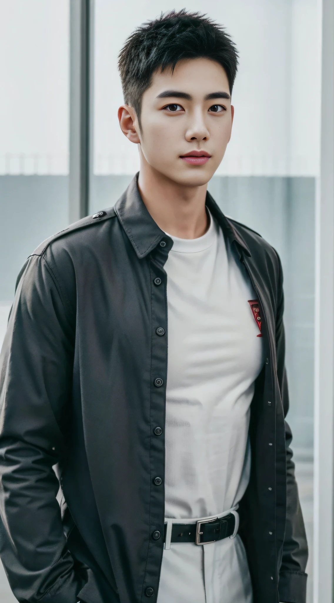 Best quality , Handsome, Military youth, fireman,exteriors,fire truck