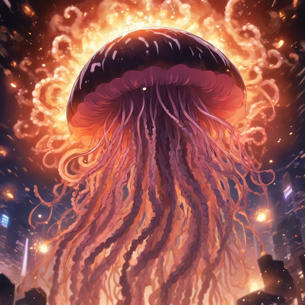 Irish car bomb Jellyfish, Ebony black and light-tan fuzzy tentacles, explosions in the background, masterpiece, best quality