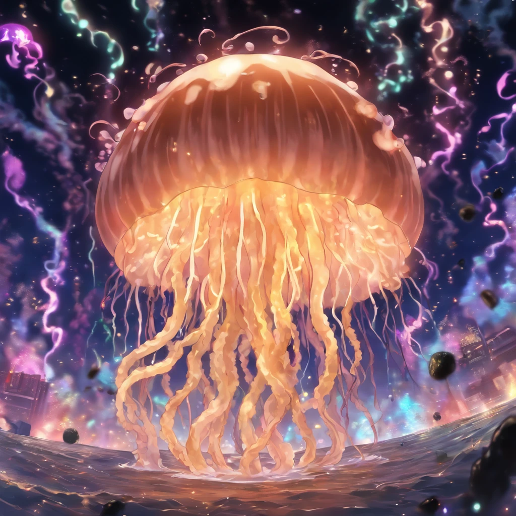 Irish car bomb Jellyfish, Ebony black and light-tan fuzzy tentacles, explosions in the background, masterpiece, best quality