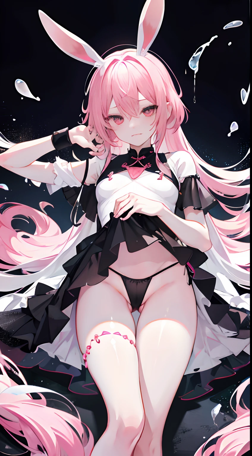 opening legs,Bunny ears,No underwear, the feet,is shy,sitted, Feet,Exposed genitals,clear liquid,Bigchest,Black fully transparent panties,soaking wet,A pink-haired,Hold your thighs from behind with your hands,Emotive expressions,Ambiguous,taunt,on cheongsam