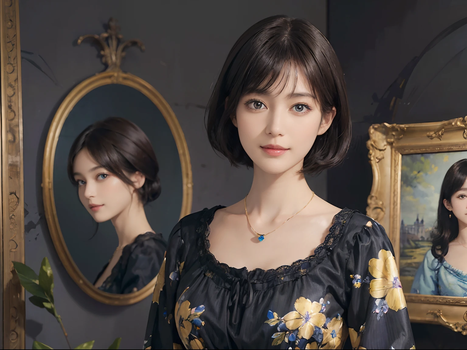 (((Black Shorthair))), (Louvre Museum), Pose Seductive, (A hyper-realistic), (Illustration), (Increased resolution), (8KUHD), (Extremely detailed), (Best Illustration), (Beautiful and detailed eyes), (Best Quality), (ultra-detailliert), (masutepiece ), ( Wallpaper), (Detailed face), Solo, (One woman dressed in blue and yellow), (Floral clothing),  (Breast bulge), Fine details, Detailed face, Deep Shadows, lowkey, pureerosfaceace_v1, Smiling,  46 point slanted bangs,  (Stand in front of an abstract painting), Wearing a necklace