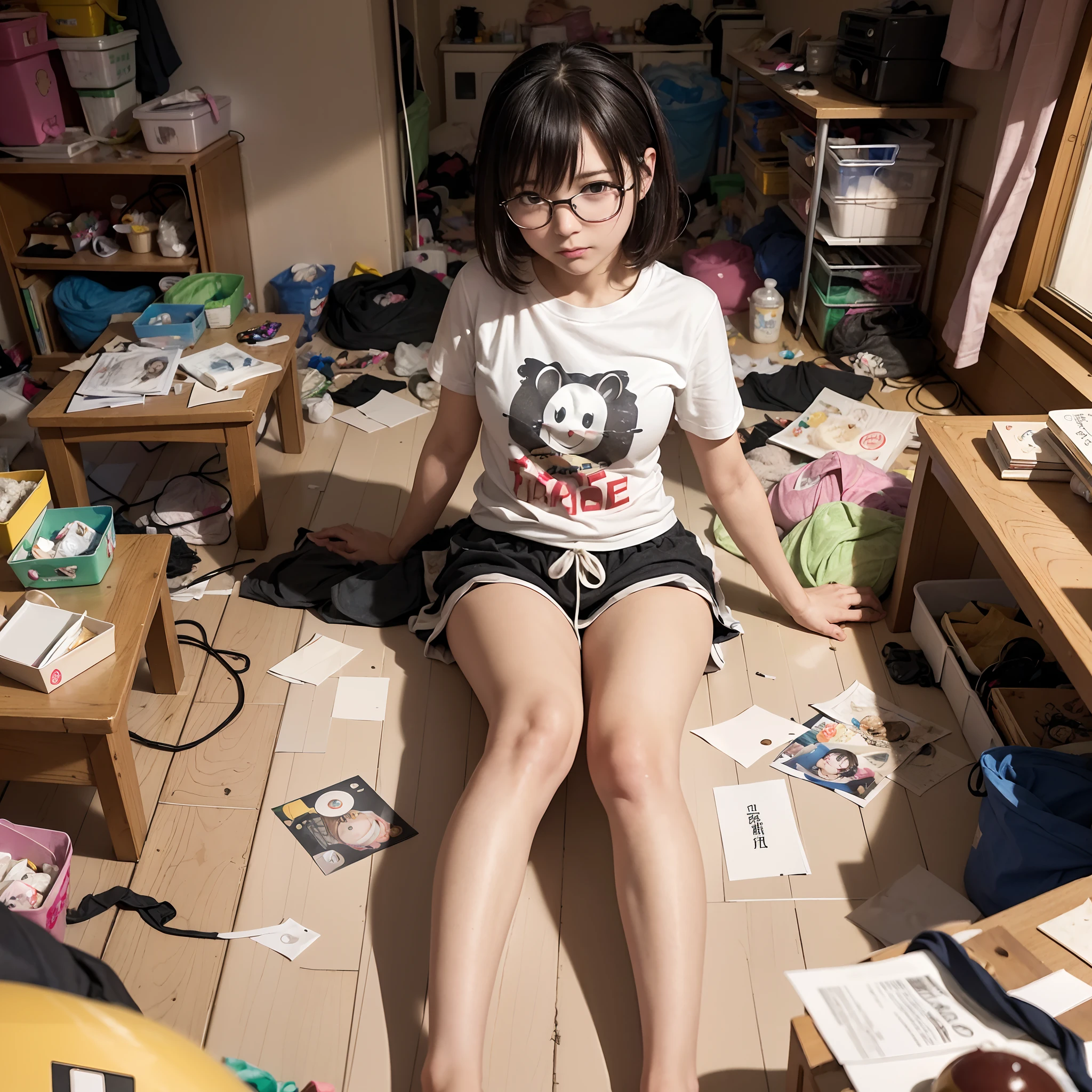 (8K、Raw photography、Top image quality、​masterpiece、:1.2)、(realisitic、Photorealsitic:1.37)、女の子1人、独奏、(Sitting on the garbage in an incredibly dirty room、Cute Japan girl operating smartphone:1.4)、Anime Otaku Girls、A dark-haired、short-hair、dishevled hair、Unkempt hair、bangss、Happy expression on face、Small bust、Wearing glasses、Anime Character Print T-Shirt、a miniskirt、head phone、Sitting on the floor、Agra、Room full of garbage、Garbage with rolled tissue、Surrounded by mountains of cartoons、Lots of anime character figures are on display.、Anime poster on the wall、Potato chips on the desk、Spilled potato chips、Roll Energy Drink、Scattering of food waste、Messy room、Underwear left undressed on the floor、超A high resolution、physically-based renderingt、cinematlic lighting、dynamic ungle