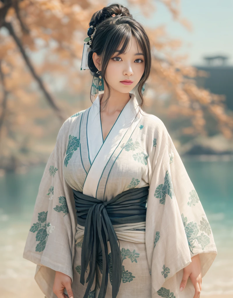 (Beautiful model who appeared in an singlet kimono worn under kimono commercial, The front of the kimono is elegantly closed, beautiful straight long black hair), solo, ((face is 80% beauty and elegance, 20% pretty and cute:1.5)), clear eyes, (detailed eyes, light green eyes, bright pupils), Double Eyelids, (sexy lips with a little thickness:1.2), ((Highly detailed and amazingly high resolution linen single kimono:1.2)), Highly Detailed Face Texture, striking body shape, curvy and very attractive woman, high-resolution RAW color photo pro photo, BREAK ultra high-resolution textures, High-res body rendering, big eyes, unparalleled masterpiece, incredible high resolution, super detailed, stunning ceramic skin, BREAK ((In this photo, she is wearing a see-through single kimono made of very thin linen fabric:1.5)), ((The main color is white, and a water pattern is drawn in see-through white:1.2)), (A carefully crafted classic and traditional Japanese single kimono), ((a flowing water pattern made of mesh:1.2)), ((The fabric is made of very thin linen and feels cool)), BREAK ((Best Quality, 8k)), Crisp Focus:1.2, (Layer Cut, Big:1.2), (Beautiful Woman with Perfect Figure:1.4), (Beautifully shaped breasts:1.3), Slender waist, (Correct hand shape:1.5), (Full body shot | cowboy shot)