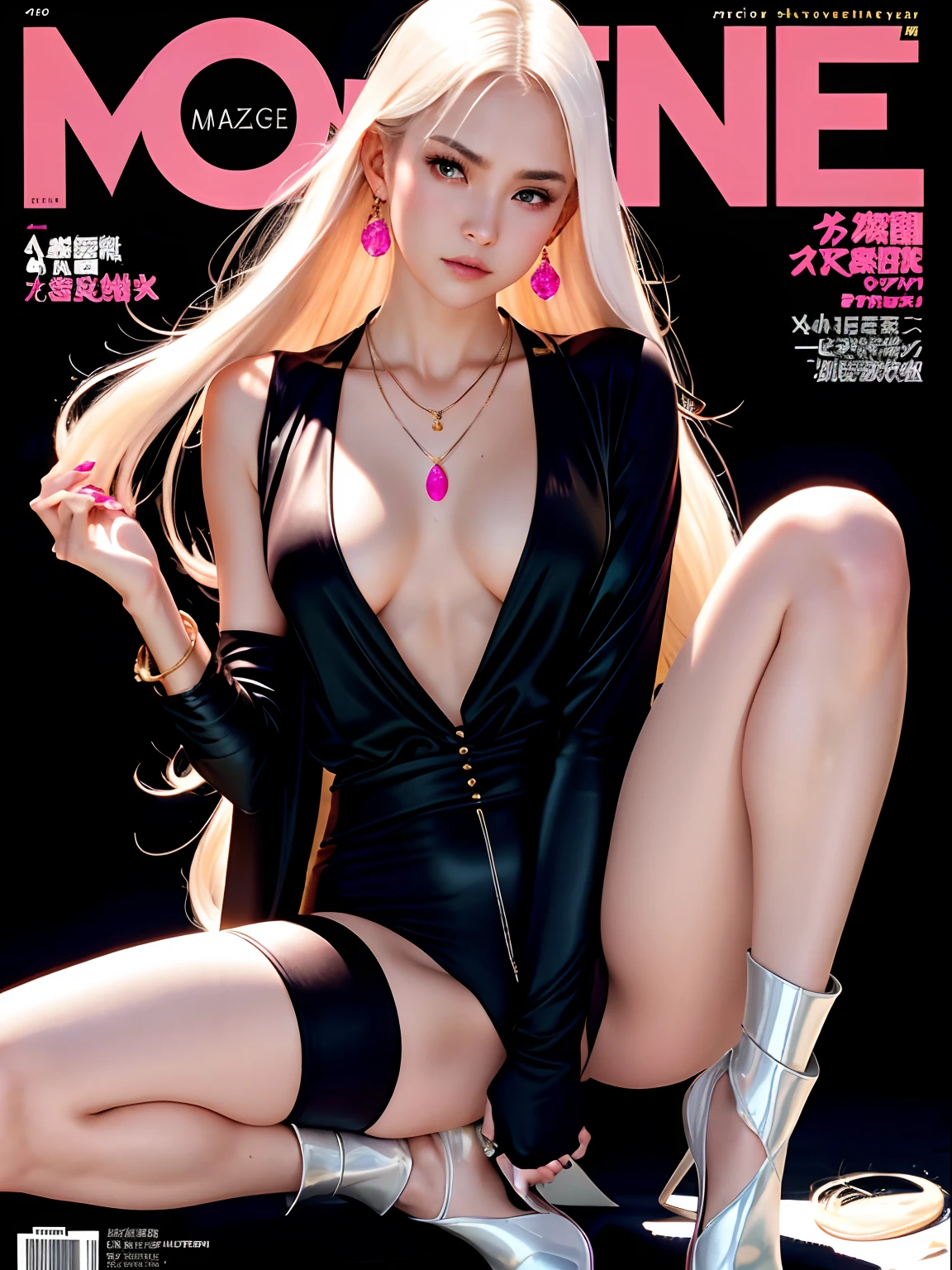 Magazine scanning,(MagazineCover:1.2),Cover text,The body text,(Goujade necklace:1.1),wlop,1girl,black glove,Black cardigan,Character requirements,explanation,耳Nipple Ring,Double V,jewelry,long whitr hair,Overlooking, Perfectly flowing hair, solo(RAW photo:1.2)，camel-toe，Hollow-out on，sweat leggs，White liquid， Smooth pink skin, shiny metallic glossy skin, Shiny, spread their legs，M-shaped legs，angry look，Irritated，white liquid all over body，Full body like，