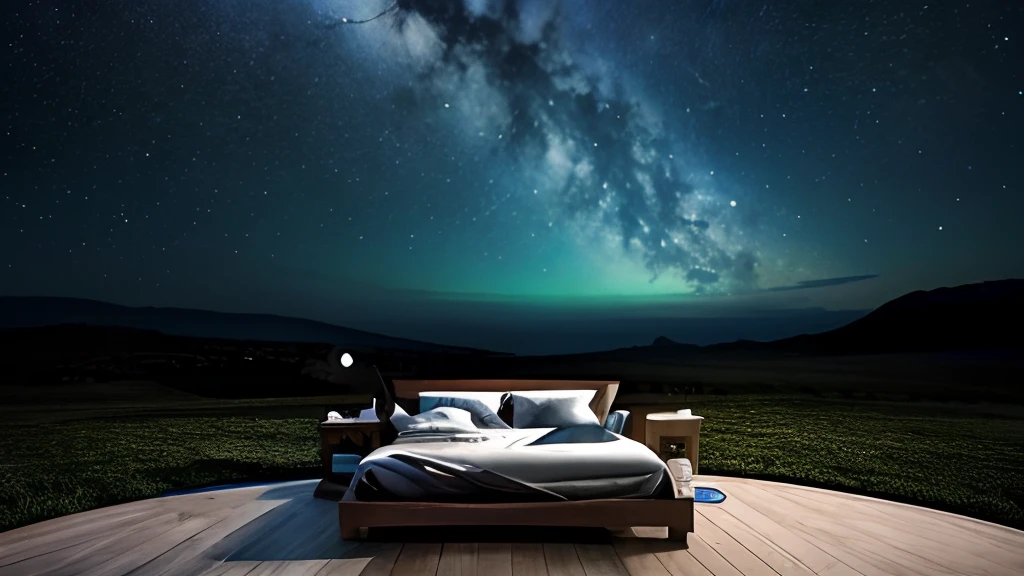 A conventional bed in a fantastic world with beautiful alien nature, en el cielo se ven varias lunas, estrellas y galaxias, la imagen inspira paz y alegria