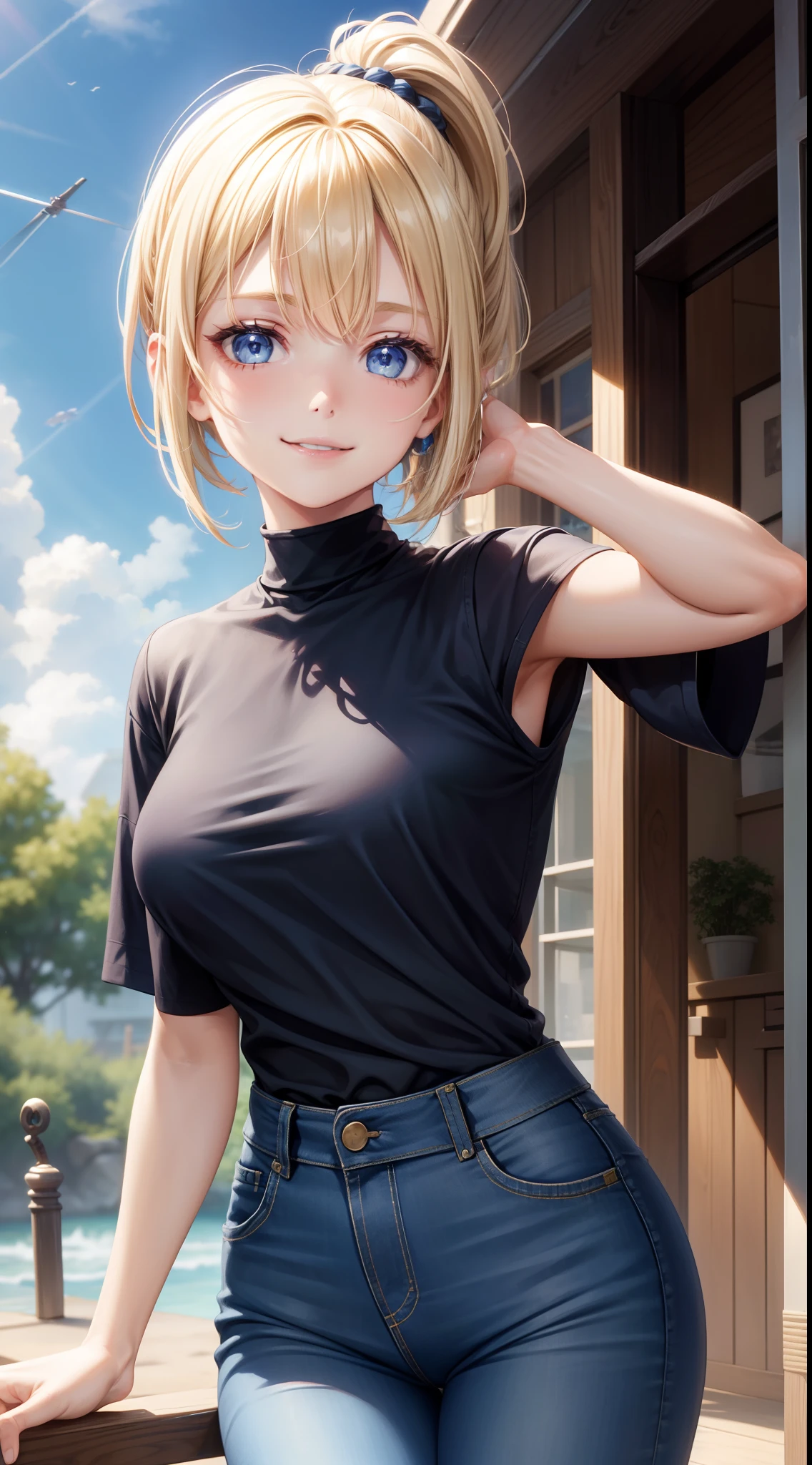 young girl, short blonde hair, high ponytail, blue eyes, Smile, Blue tight shirt, Jeans, Open showers, two swords, Fly on ropes, Masterpiece, hiquality, 4k, HD, Good detail