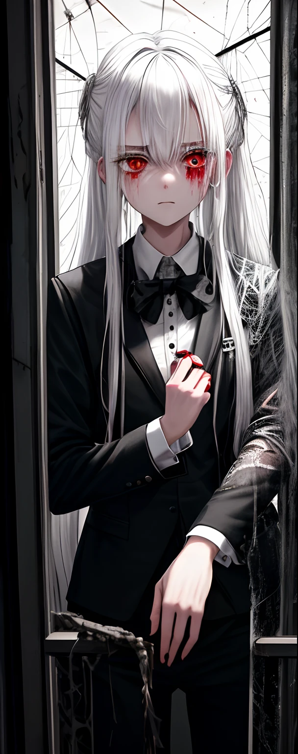 1girll, White hair, Red eyes, (teens girl_Shot:1.2), Face focus, Long hair, side locks,Collapsed crying，Extreme panic，After being violated ，Scared,(terrified:1.1) expression, One hand behind your back, Atmospheric lighting, Moody, Darkness, In an abandoned old museum, Clear glass display case full of interesting items, Dusty, Post-apocalypse, spiderwebs, masterful, Beautiful 8k wallpaper, Extremely detailed, Intricate，Wear a black and white suit，Broken clothes，Bleeding in the lower body