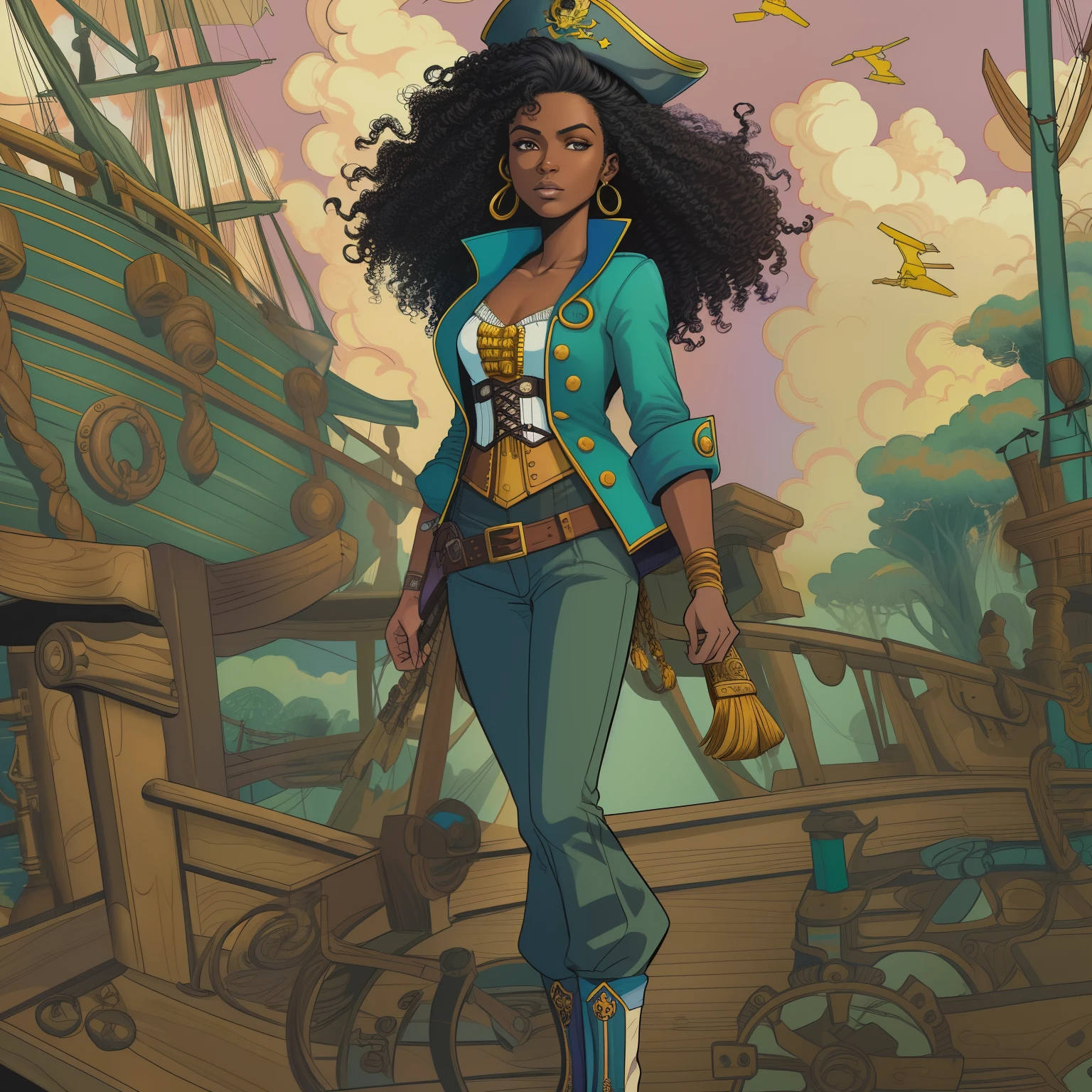 (comic style:1.3), (line art:1.5), (full body),(masterpiece, award winning, best quality:1.3), (flat color:1.3),(colorful:1.3), 1 girl ((solo)), Haitian, standing on a pirate ship, long curly black hair, wearing a blue captains jacket, captains hat, purple pants, corset, pirate ship, cinematic, masterpiece, detailed background, detailed material textures, serious, realistic 1.35, muscular 1.2