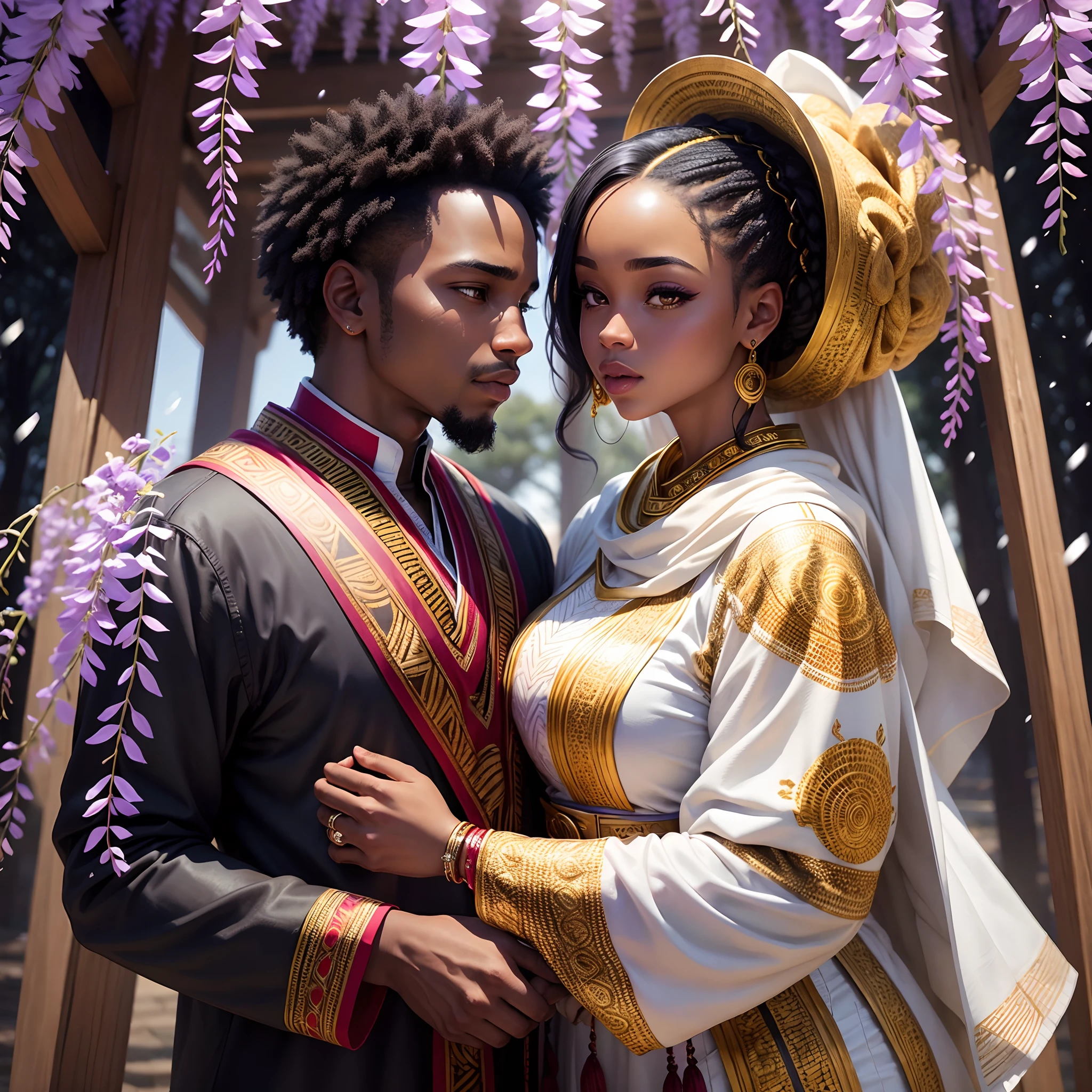 Traditional African marriage of a black man and black woman both wearing African traditional clothes, in an african surrounding while snowing, wisteria trees, full of coloured African designed instruments, with a celebrating congregation in the background, whole scene in African designed colours, beautiful daylight reflecting on the African instruments, shining a bright and vibrant light, with iridescent light, photorealistic image, 32k, ultra HD, cinematic lighting, artgerm style