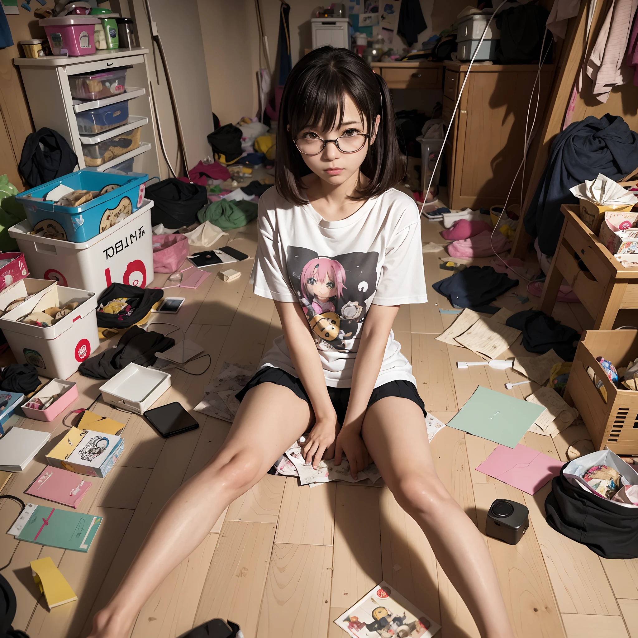 (8K、Raw photography、Top image quality、masterpiece、:1.2)、(realisitic、Photorealsitic:1.37)、1人、独奏、(Sitting on the garbage in an incredibly dirty room、Cute Japan girl operating smartphone:1.4)、Anime Otaku Girls、A dark-haired、short-hair、dishevled hair、Unkempt hair、bangss、Happy expression on face、Small bust、Wearing glasses、Anime Character Print T-Shirt、a miniskirt、head phone、Sitting on the floor、Agra、Room full of garbage、Garbage with rolled tissue、Surrounded by mountains of cartoons、Lots of anime character figures are on display.、Anime poster on the wall、Potato chips on the desk、Spilled potato chips、Roll Energy Drink、Scattering of food waste、Messy room、Underwear left undressed on the floor、超A high resolution、physically-based renderingt、cinematlic lighting、dynamic ungle