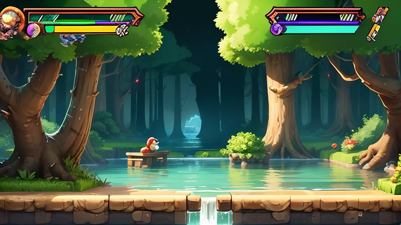 A platform game with water and woods, sonic, Mario, contra,