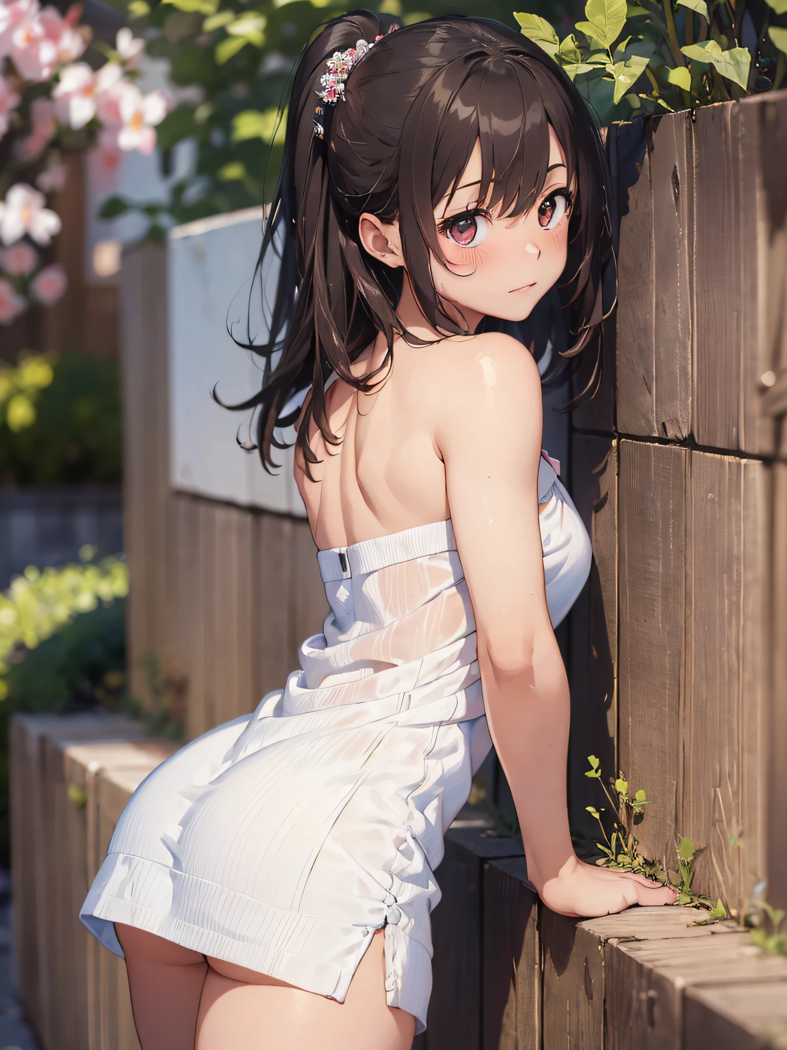 (masterpiece:2.0), (top-quality:2.0), (white Tube top extremely short length dress made by towel:1.5), (perfect exposed shoulders:1.5), (perfect exposed nape:1.5), (super sexypose:1.5), (blushed face:1.3), (barechested:1.3), (realistic:1.5), 1 girl, precise small hands, Embarrassed look, light smile, extremely cute girl, innocent face, young face, Clear eyes, Shining eyes, shoulder is visible, small breast, thigh is visible, No pubic hair, The beautiful skin, ultra-definition, Top resolution, japan high school student, brown hair