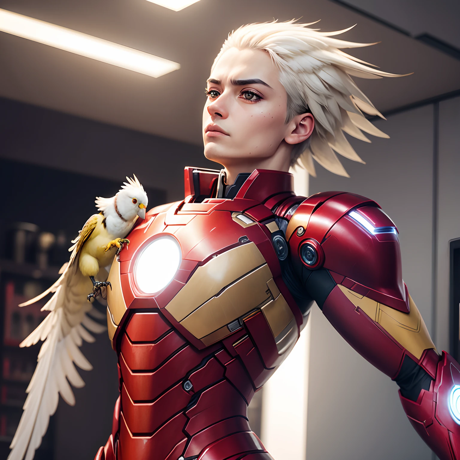 Cockatiel in Iron man version, only face is like cockatiel,body is like iron man
