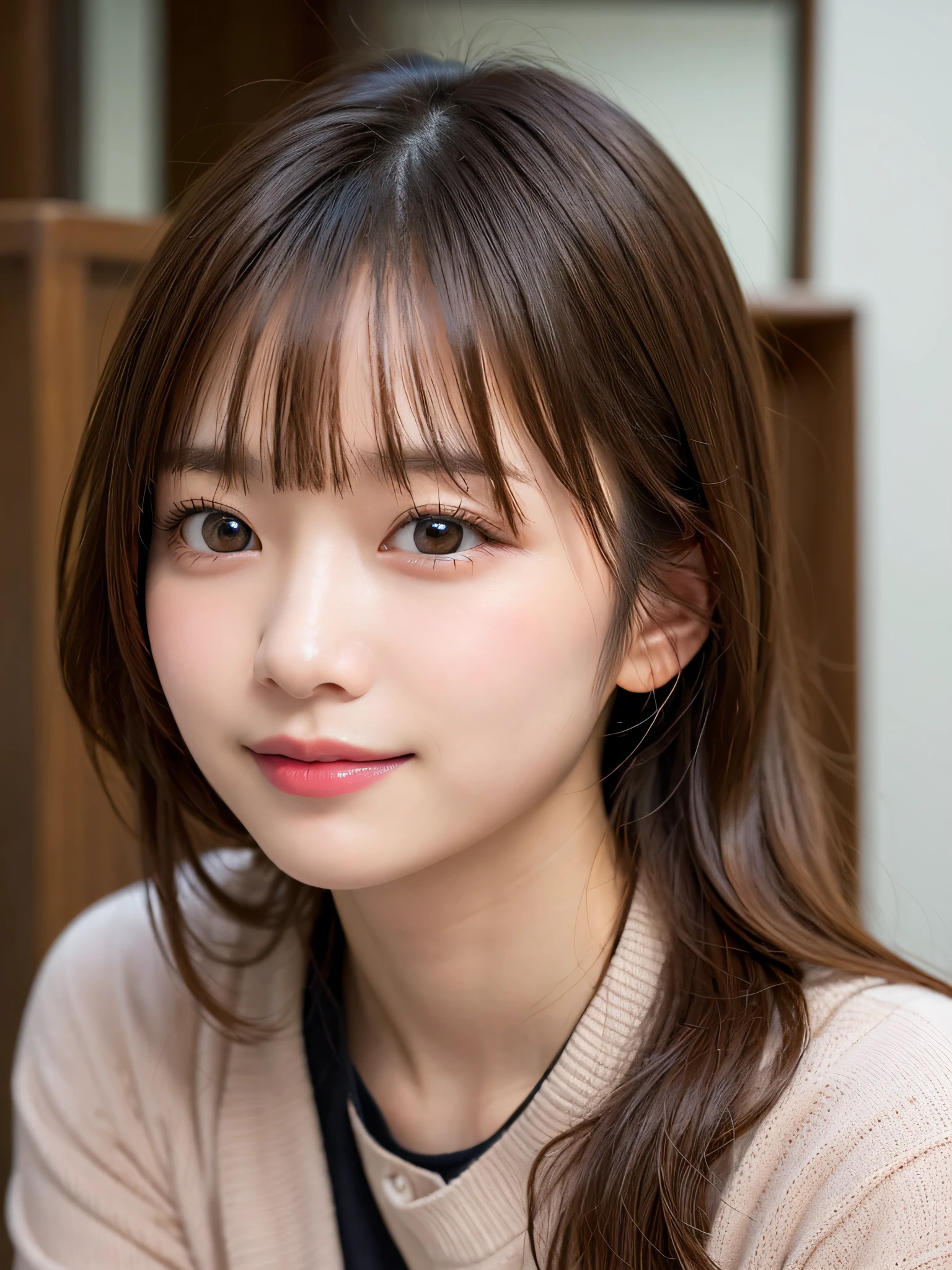 masutepiece, Best Quality, Ultra-detailed, finely detail, hight resolution, 8K, Perfect dynamic composition,Japan 18-year-old woman、 Beautiful detailed eyes, twin-tail hair, Medium short hair, Natural Color Lip,Colossal tits、Troubled smile、bangss、Looking here、up of face、