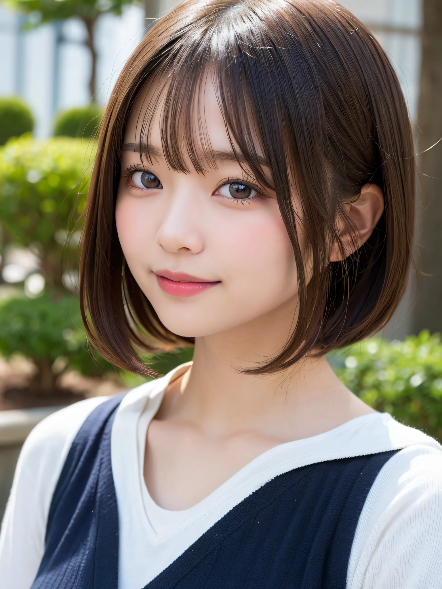 masutepiece, Best Quality, Ultra-detailed, finely detail, hight resolution, 8K, Perfect dynamic composition,Japan 18-year-old woman、 Beautiful detailed eyes, twin-tail hair, Medium short hair, Natural Color Lip,Colossal tits、Troubled smile、bangss、Looking here、up of face、