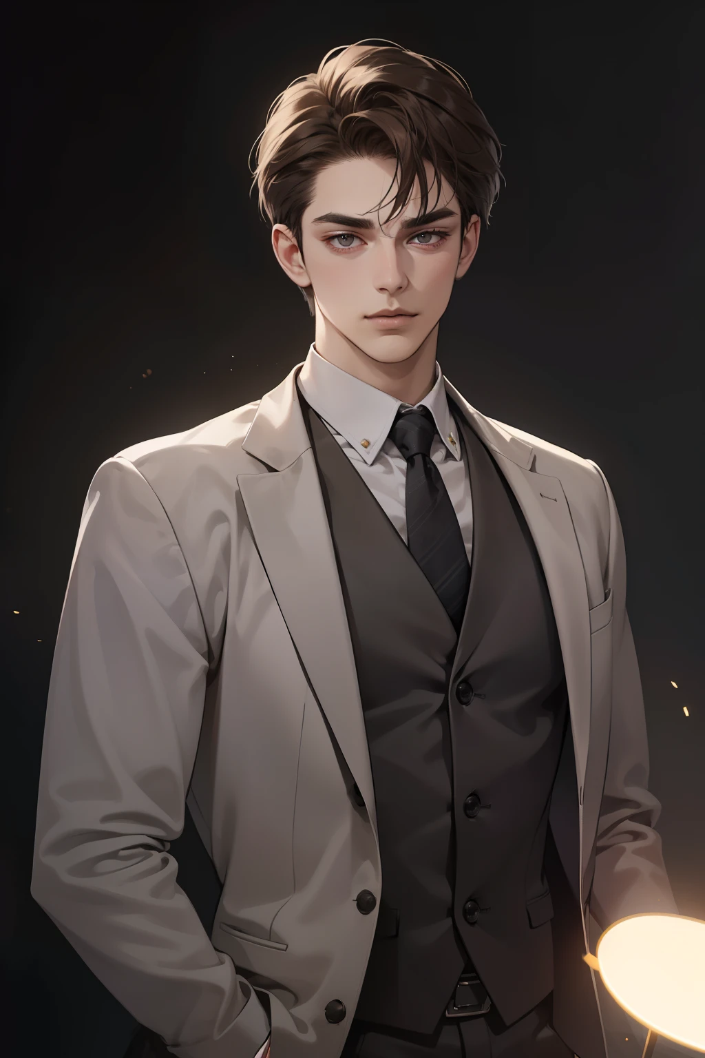 masterpiece, best quality, realistic, 1man, mature male, quiet and charming young man, 25 years old, close his eyes, serious look, extremely detailed face, ((dark grey eyes)), ((short-right-swept dark brown hair)), [thick eyebrows], detective, plain background, ((suit)), cinematic lighting, looking at the audience, posture dynamics, smirk