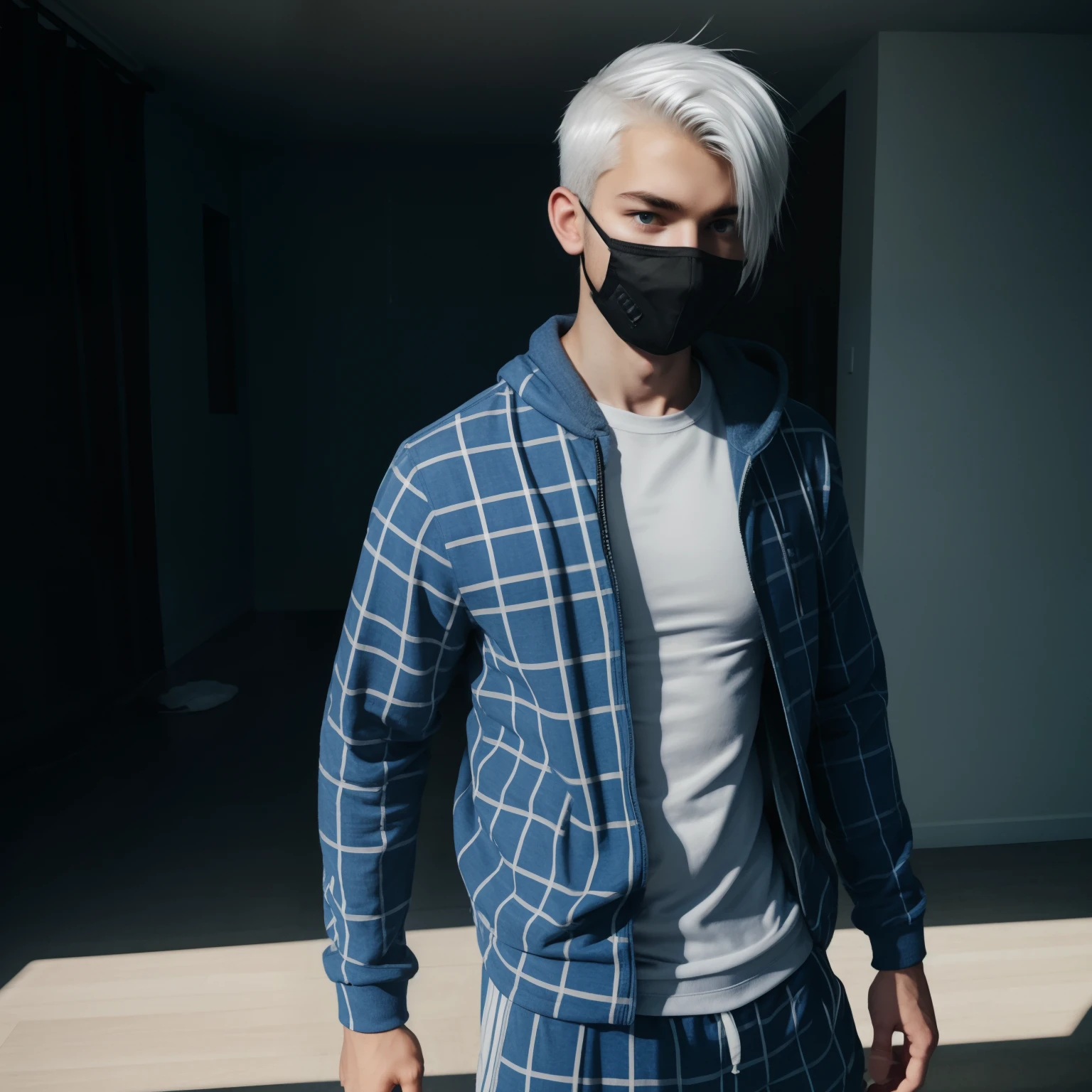 Teen male posing, tight boxers, skinny body, atmospheric, cute face, blue white hair, mask, dead inside, plaid shirt, red lighting