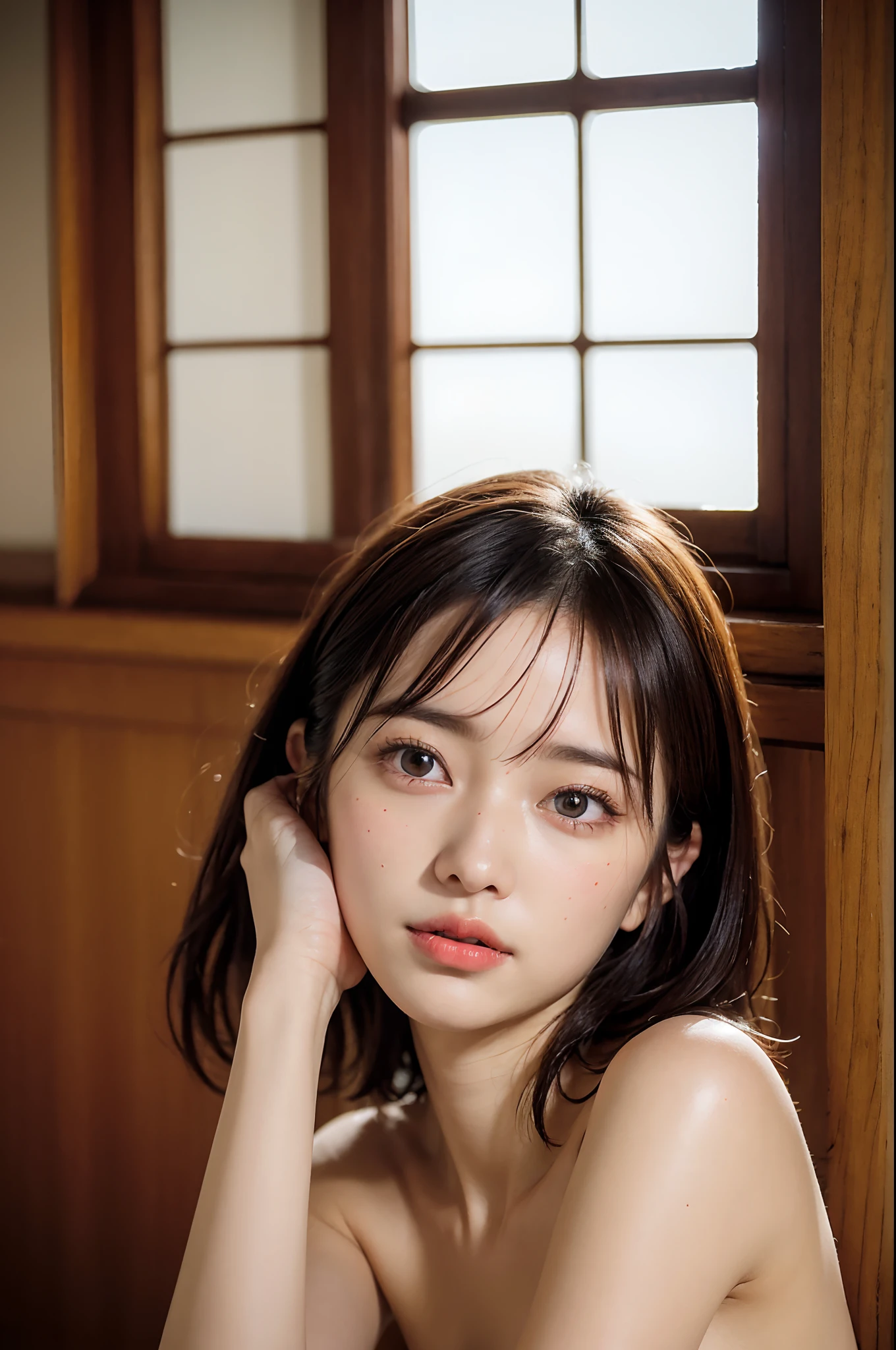 (natta:1.7), East Asian Architecture, 1womanl,Sitting on tatami mats, brunette color hair,(hair between eye), Lip flap, 、Beautiful shiny straight semi-long、Beautiful fingers,Beautiful long legs,Beauty Body,Cute nose,Beautiful character design,perfect eyes,face perfect,looking at viewert,(Innocent_Big_Eyes:1.0),(light_Smile:0.3),offcial art,Very detailed CG Unity 8K wallpaper,Perfect litthing,highly colorful,Bright_front_Face_Lighting,(tmasterpiece:1.0),(best_quality:1.0), 超A high resolution,4K,ultra - detailed, photography of, 8K, nffsw, hight resolution, absurderes:1.2, Kodak Portra 400, film grains, the background is blurred, Bokeh:1.2, Lens Flare Glow, ( Vibrant_Color:1.2) (Beautiful,Large_breasts:1.4), (Beautiful_Face:1.5),(narrow_waist-up),8K,Raw photo, 、Relax at a ryokan in Japan、The background is an everyday room of an ordinary inn Drawing the inside of the room (The subject is everyday life:1.3) Cluttered and scattered with daily necessities and clothing、(Depict the inside of the room more widely:1.2) Night view of the beautiful hot spring town from the window of the inn:1.3),(Girls are not subjects:1.3) The rooms in the inn are cluttered (Girl Standing On Big Wide Balcony:1.3) (Hair after a bath:1.3),((Naked with a bath towel wrapped around the side:1.3)) ,(Hair is wet:1.3),((At night, There is only one small light in the room.:1.3))((Next to the little light, Fuyo flowers are displayed in a dark brown pottery vase.:1.2)) ((Depicts the depth and size of a room at night:1.3))、((At night the room became a little dark:1.3))