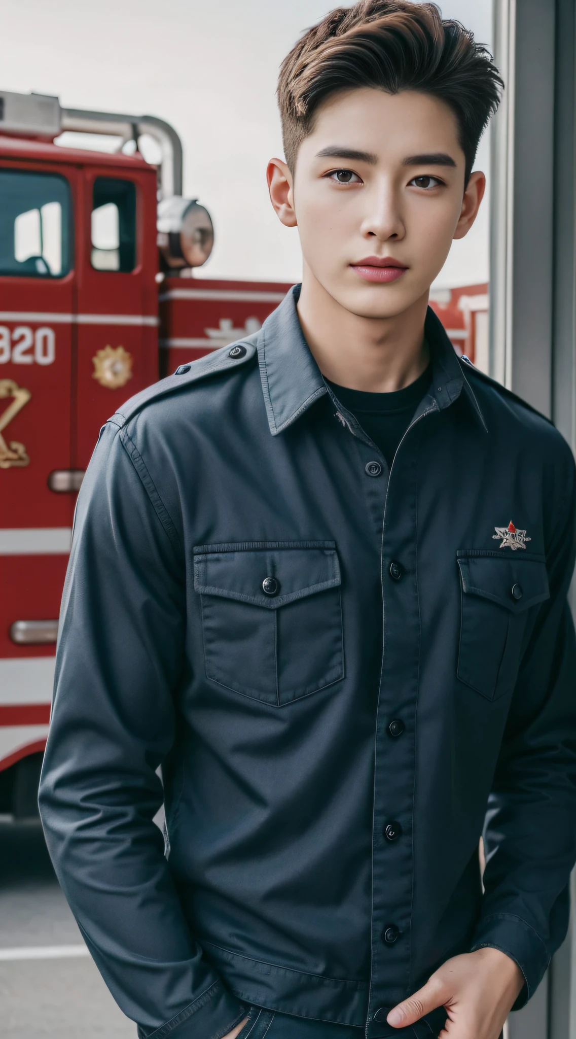 Best quality , Handsome, Military youth, fireman，exteriors，fire truck