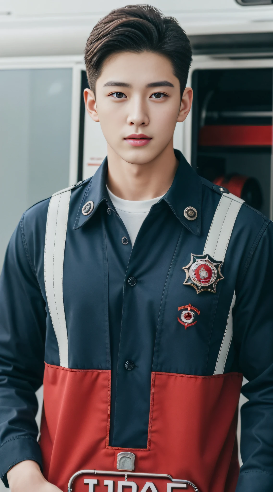 Best quality , Handsome, Military youth, fireman,exteriors,fire truck