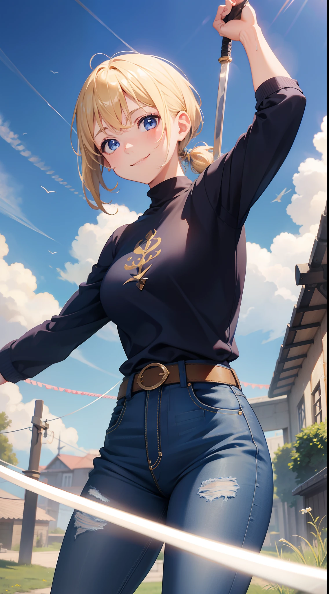 young girl, short blonde hair, high ponytail, blue eyes, Smile, Blue tight shirt, Jeans, Open showers, two swords, Fly on ropes, Masterpiece, hiquality, 4k, HD, Good detail