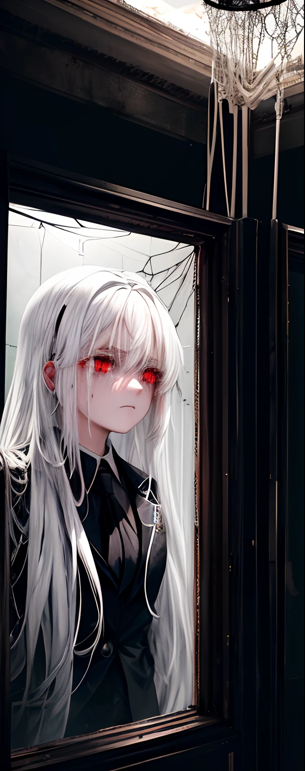 1girll, White hair, Red eyes, (s girl_Shot:1.2), Face focus, Long hair, side locks,Collapsed crying,Extreme panic,After being violated ,Scared,(terrified:1.1) expression, holding teddy bear, Atmospheric lighting, Moody, Darkness, In an abandoned old museum, Clear glass display case full of interesting items, Dusty, Post-apocalypse, spiderwebs, masterful, Beautiful 8k wallpaper, Extremely detailed, Intricate,Wear a black and white suit,Broken clothes,Bleeding in the lower body