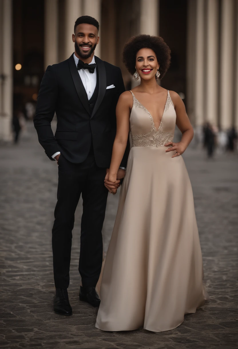 The couple stands up in the crowd while smiling, Dans le style du Nikon D850, Neoclassical symmetry, Mode de rue, beige, File photo, Hurufiyya, Photorealistic portrait, Define faces, nez distinctifs, Focus sur les articulations/Connexions