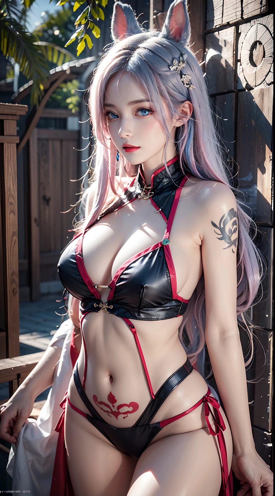 photorealistic, masterpiece, photorealistic, high resolution, soft light, hips up, (blue eyes, pink hair), fake rabbit ears, hanfu, jewelry, tattoo