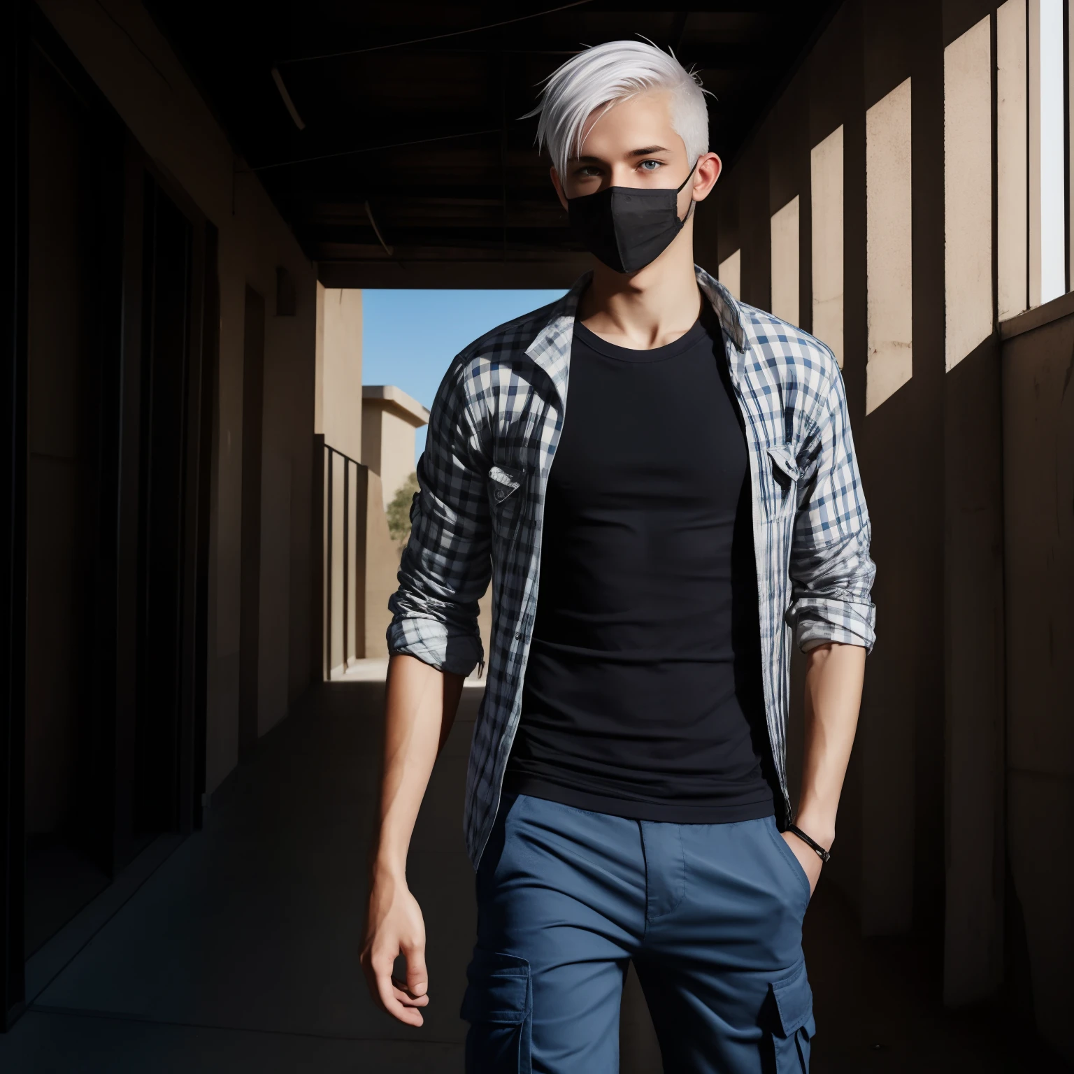Teen male posing, cargo pants, skinny body, atmospheric, cute face, white hair, mask, dead inside, plaid shirt