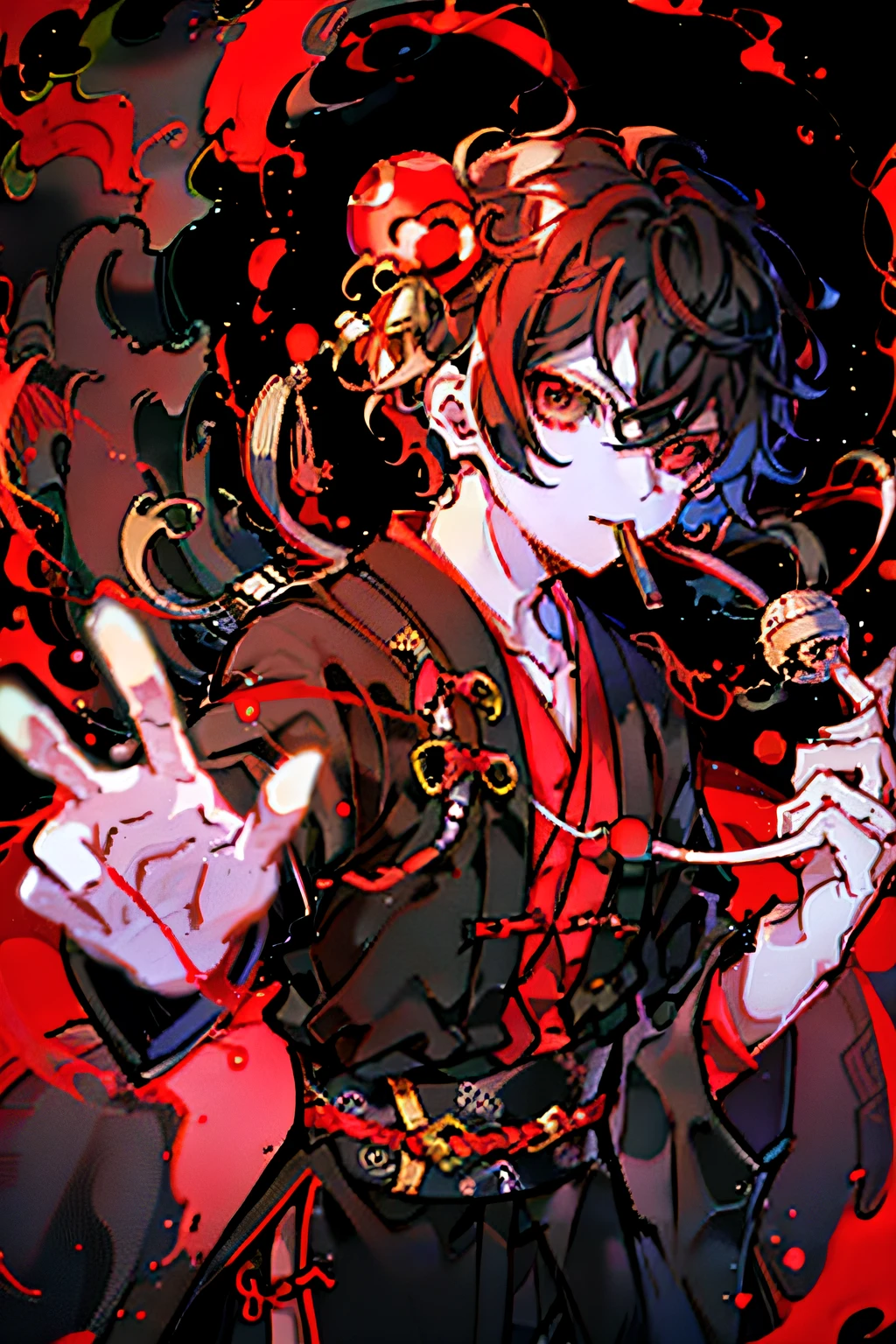 Libido boy，whaite hair，red - eyed，Mouth closed，鎖骨，Black Chinese clothing，short detailed hair，Glowing black-red particles dance around him，Mysterious black and red symbols form in the air