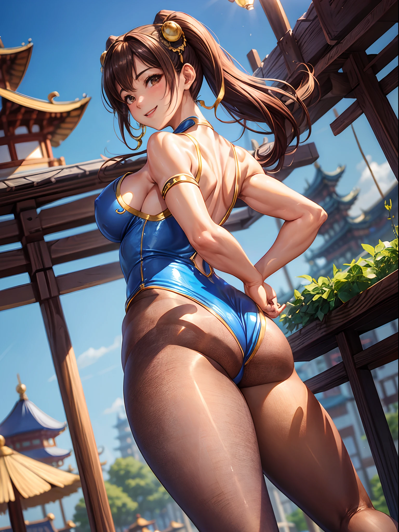 top-quality、Full limbs、complete fingers、Slender beauty、poneyTail、Medium hair、Brown hair、((Chun-Li blue china leotard))、((Brown pantyhose))、Beautiful Large Breasts、Chinatown、is standing、Rear view、sexypose、A big smile