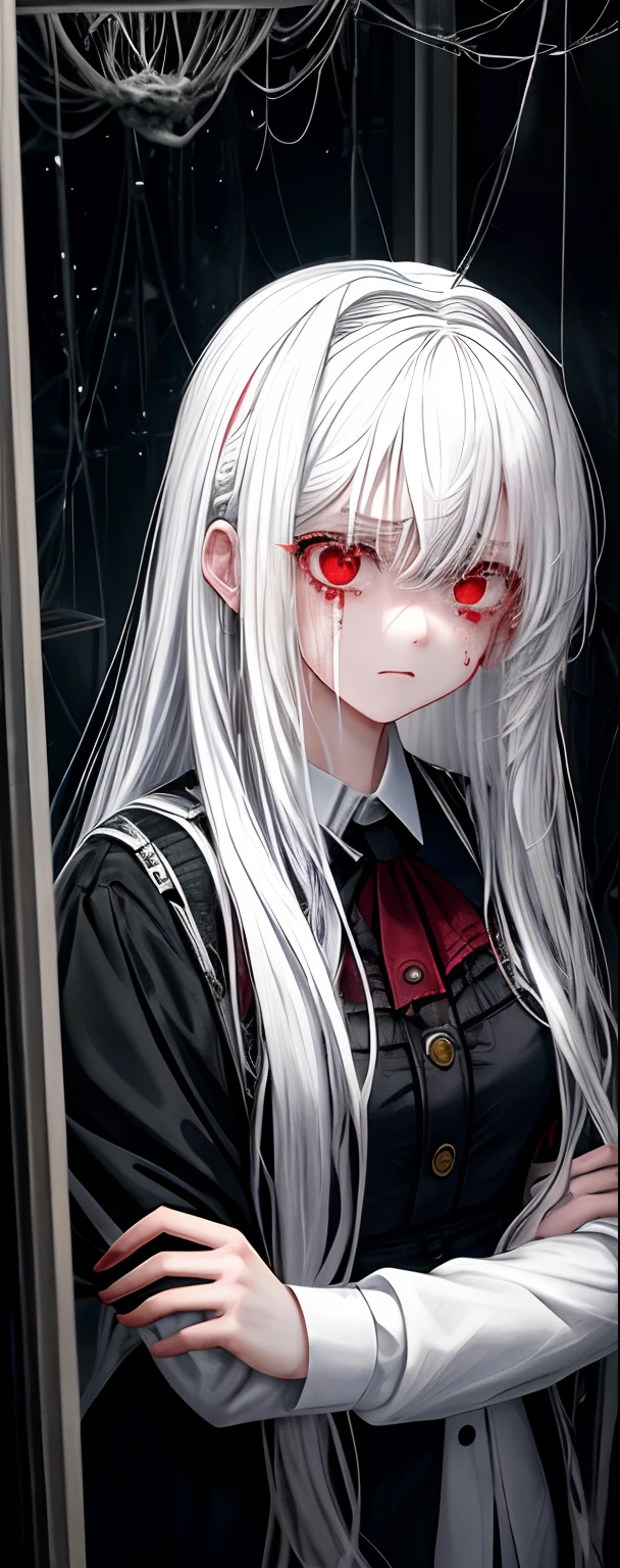 1girll, White hair, Red eyes, (teens girl_Shot:1.2), Face focus, Long hair, side locks,Collapsed crying，Extreme panic，After being violated ，Scared,(terrified:1.1) expression, holding teddy bear, Atmospheric lighting, Moody, Darkness, In an abandoned old museum, Clear glass display case full of interesting items, Dusty, Post-apocalypse, spiderwebs, masterful, Beautiful 8k wallpaper, Extremely detailed, Intricate，Wear a black and white suit，Broken clothes，Bleeding in the lower body