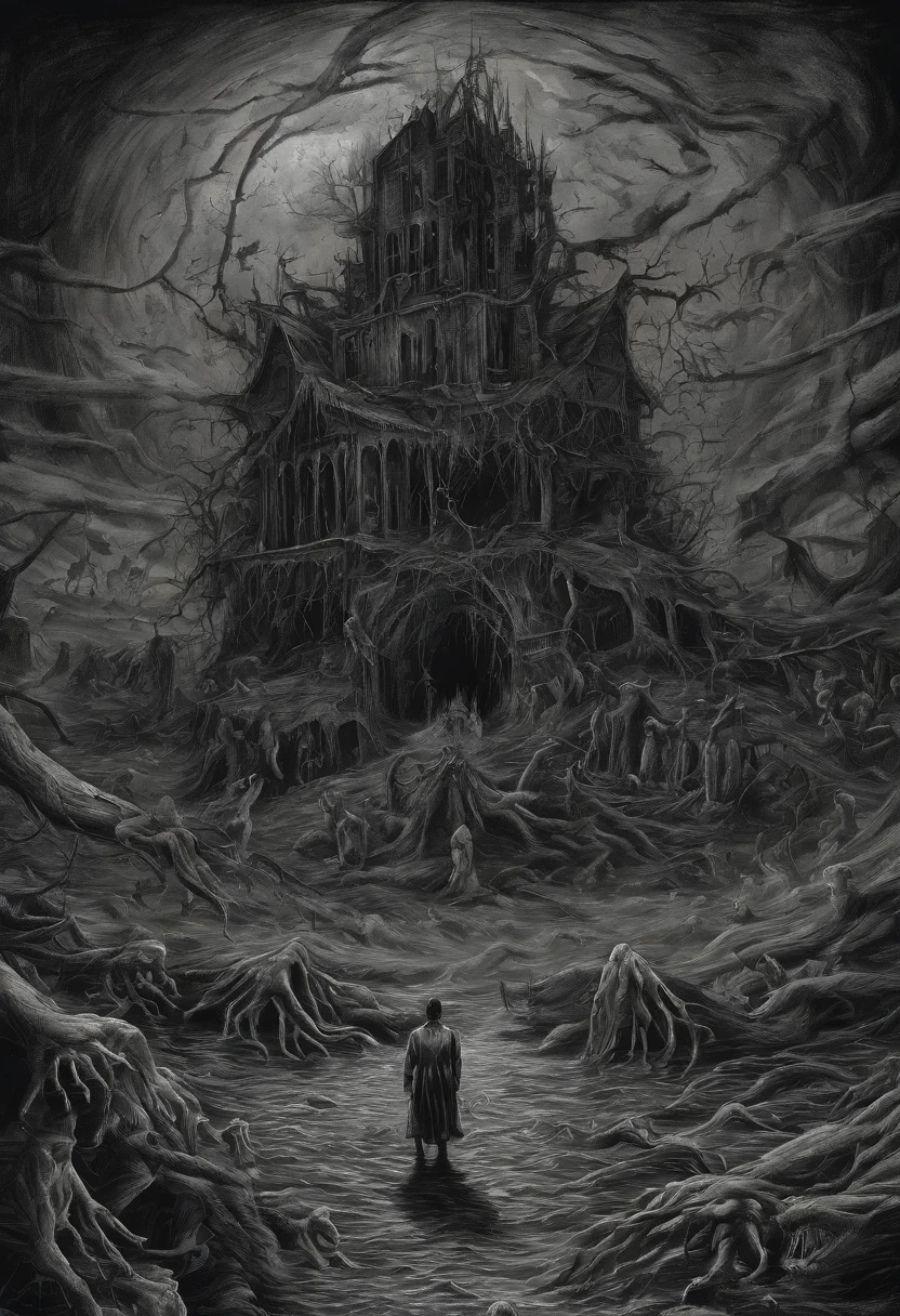 (nighttime scene), Horror, haunted, dead body, skulls, Images depicting hell, Necrotic bacteria, Image style painting, Realistic, Shadows, HD, High quality, Cinematic